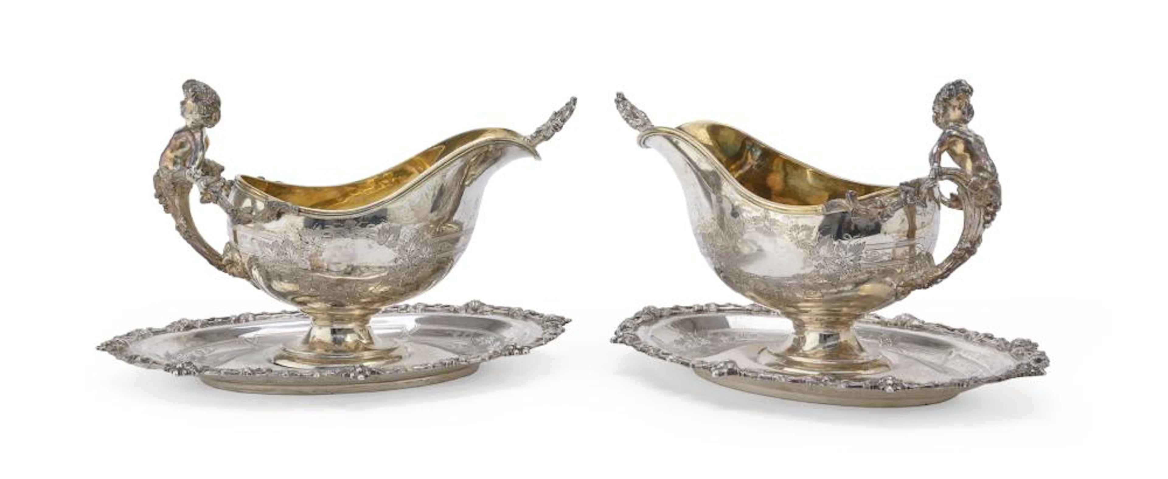 BEAUTIFUL PAIR OF SILVER AND SILVER-PLATED SAUCE BOATS, SHEFFIELD 1880/1900
