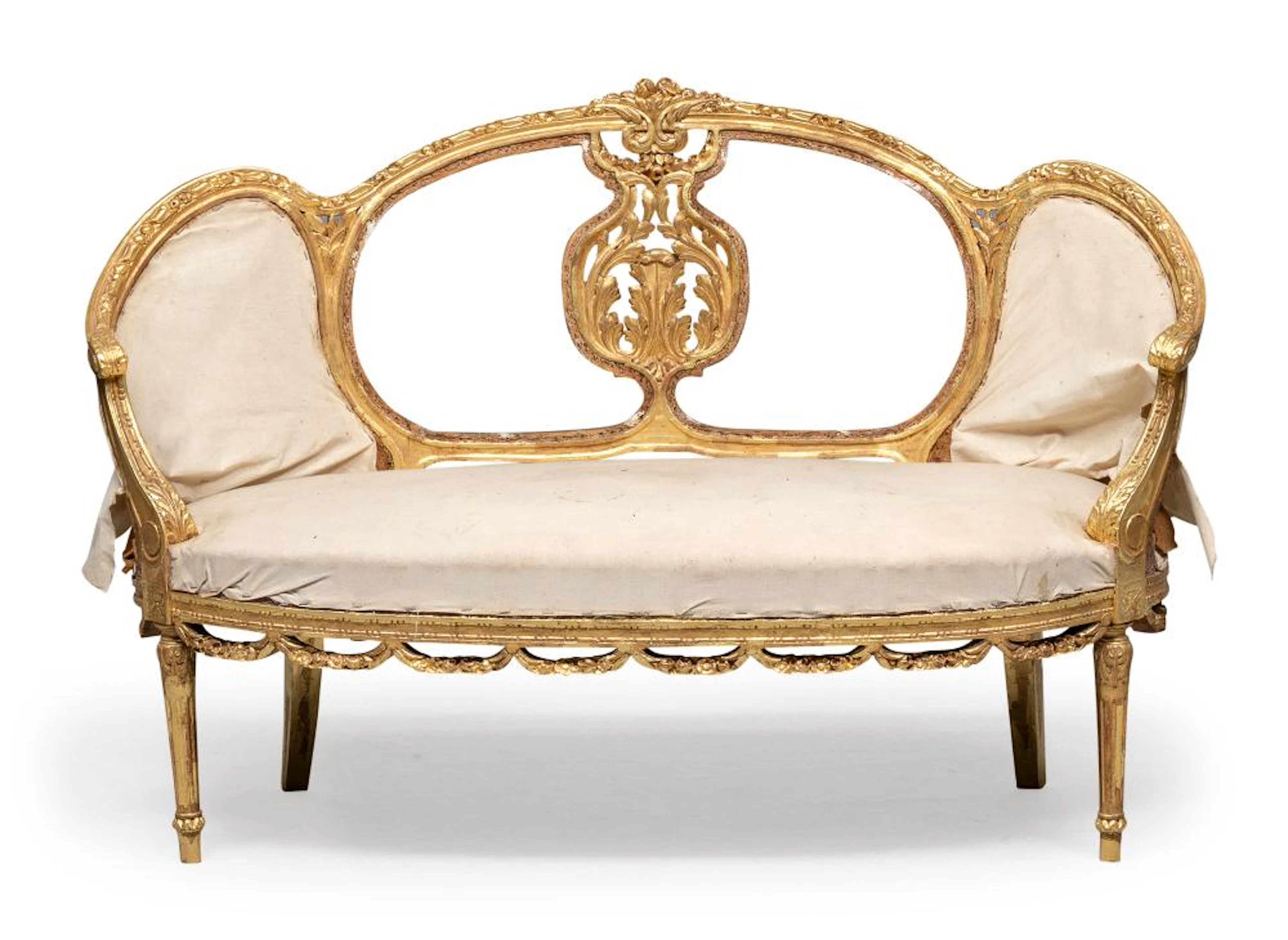 CORBEILLE SOFA IN GILTWOOD, ANTIQUE ELEMENTS