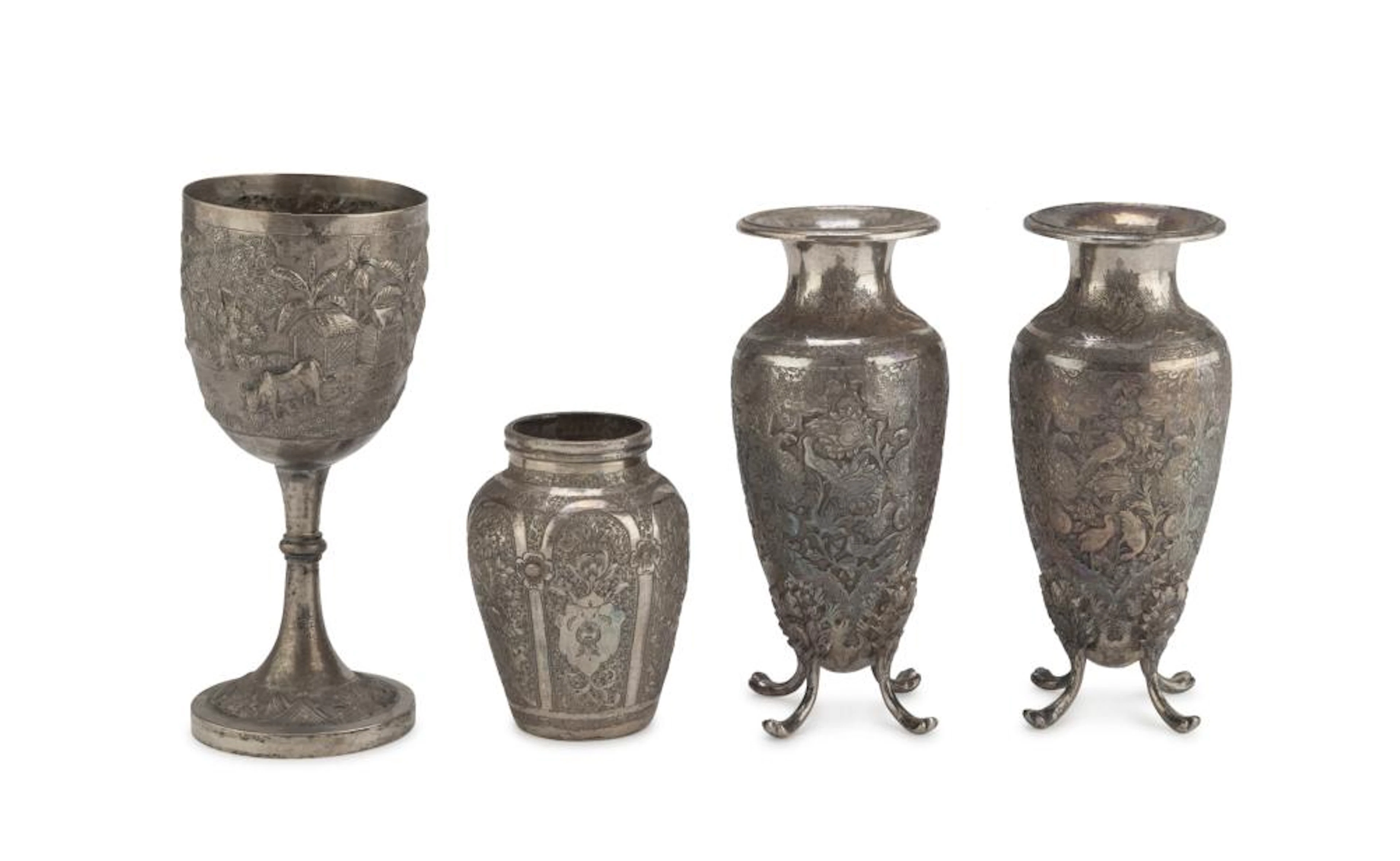 A CHALICE AND TRE SILVER VASES, PERSIA 19TH CENTURY