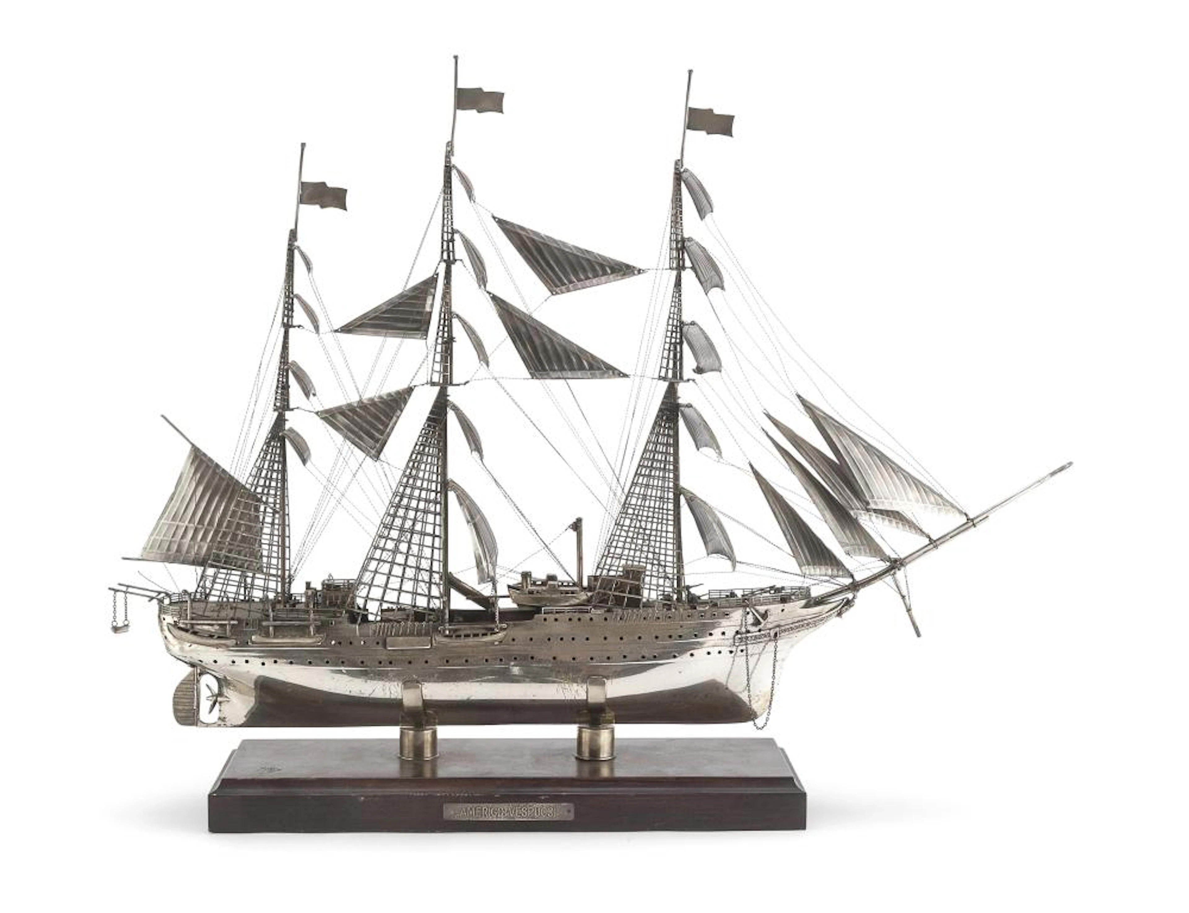 LARGE SILVER MODEL OF SAILING SHIP AMERIGO VESPUCCI, FLORENCE POST 1968