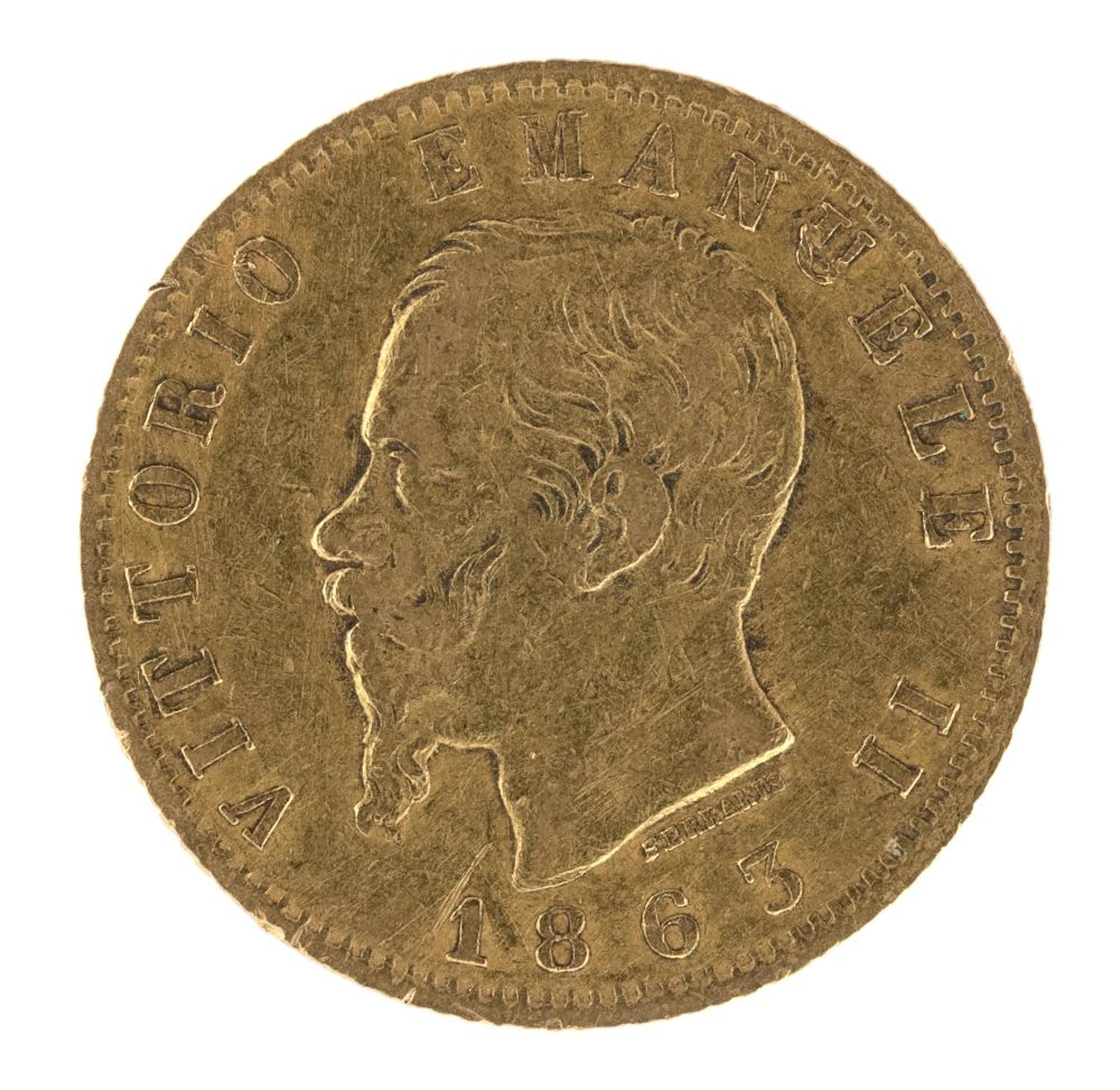 FIVE-LIRA GOLD COIN, KINGDOM OF ITALY, VITTORIO EMANUELE II, 1865