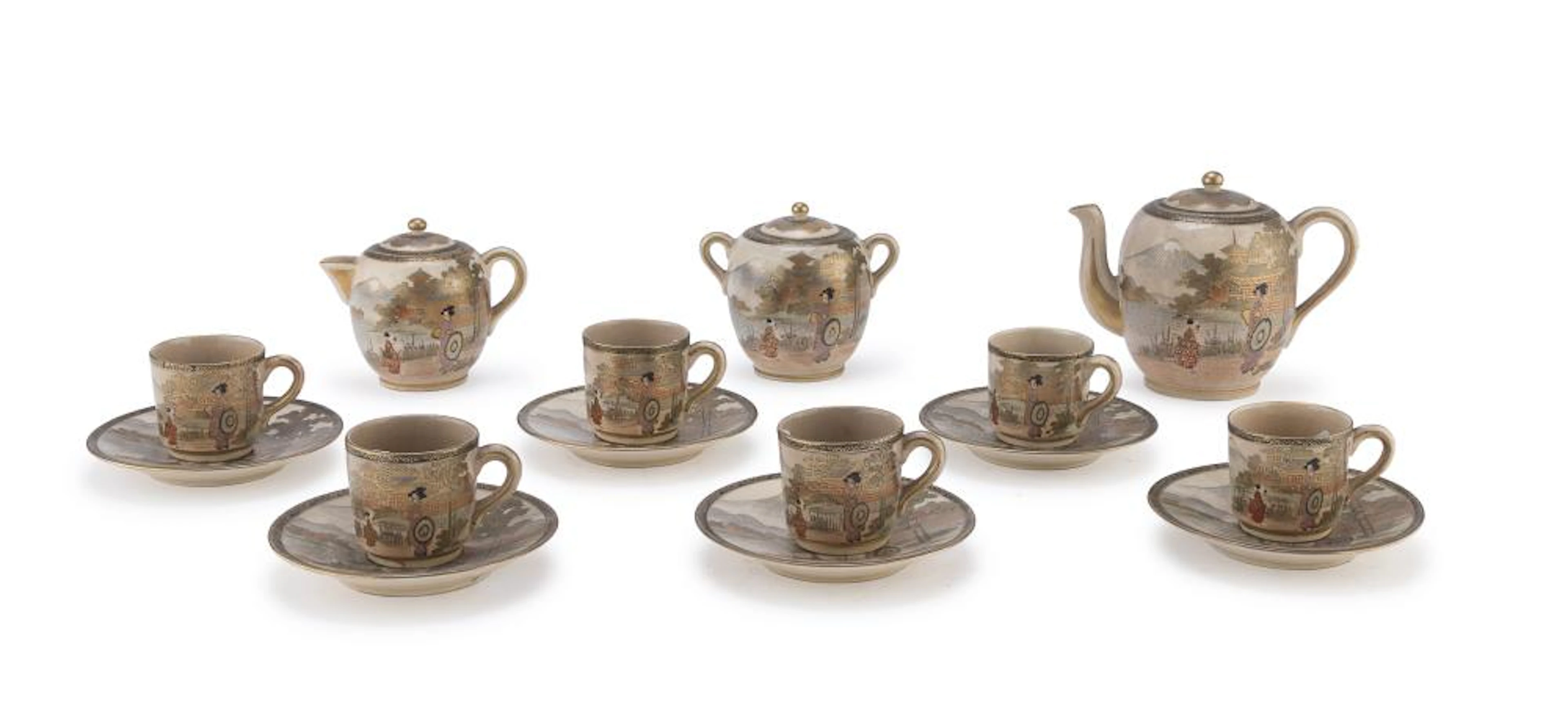 A JAPANESE POLYCHROME AND GOLD ENAMELED TEA SERVICE EARLY 20TH CENTURY.