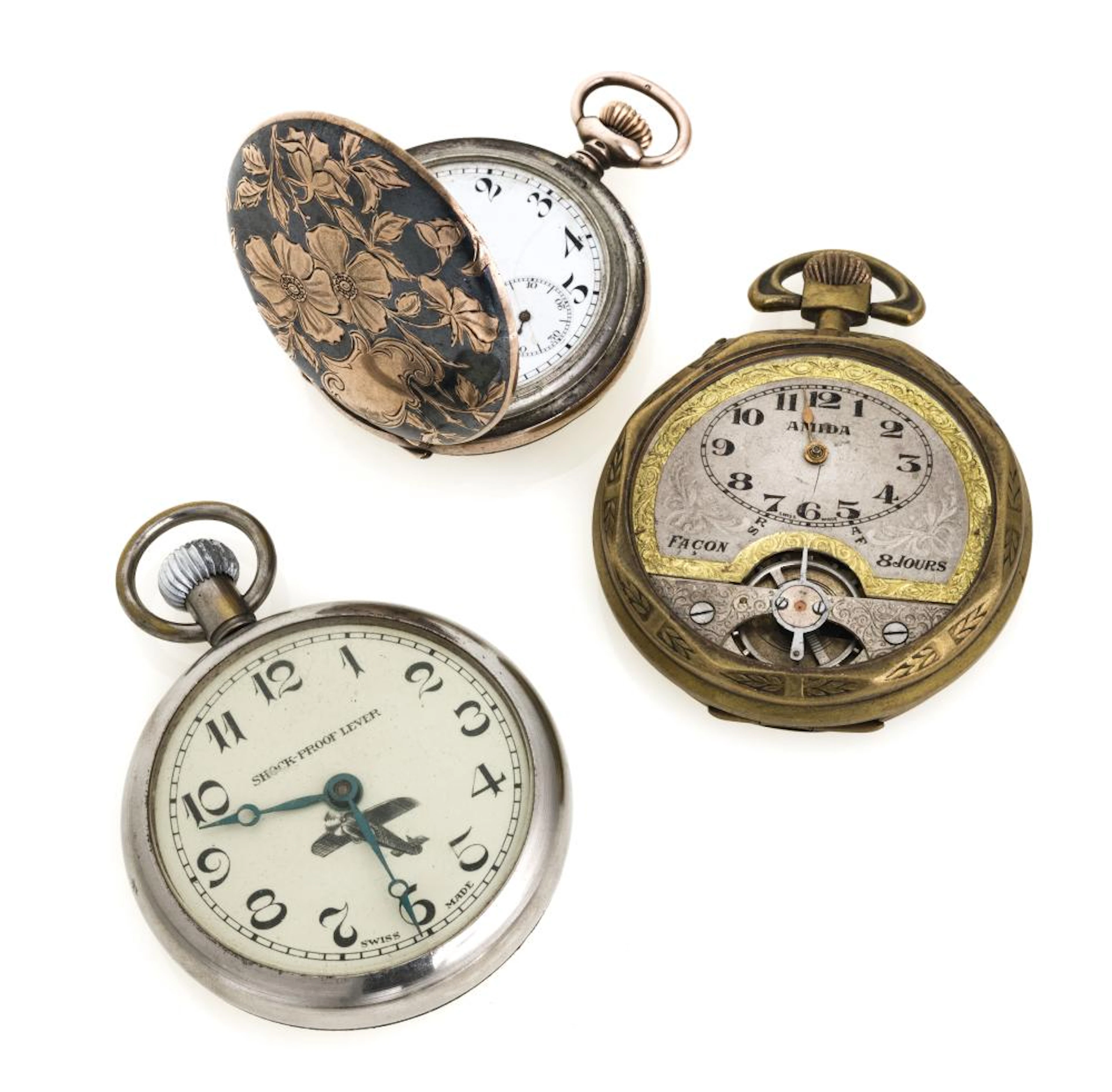 THREE POCKET WATCHES, LONGINES, AMIDA AND SHOCK PROOF LEVER