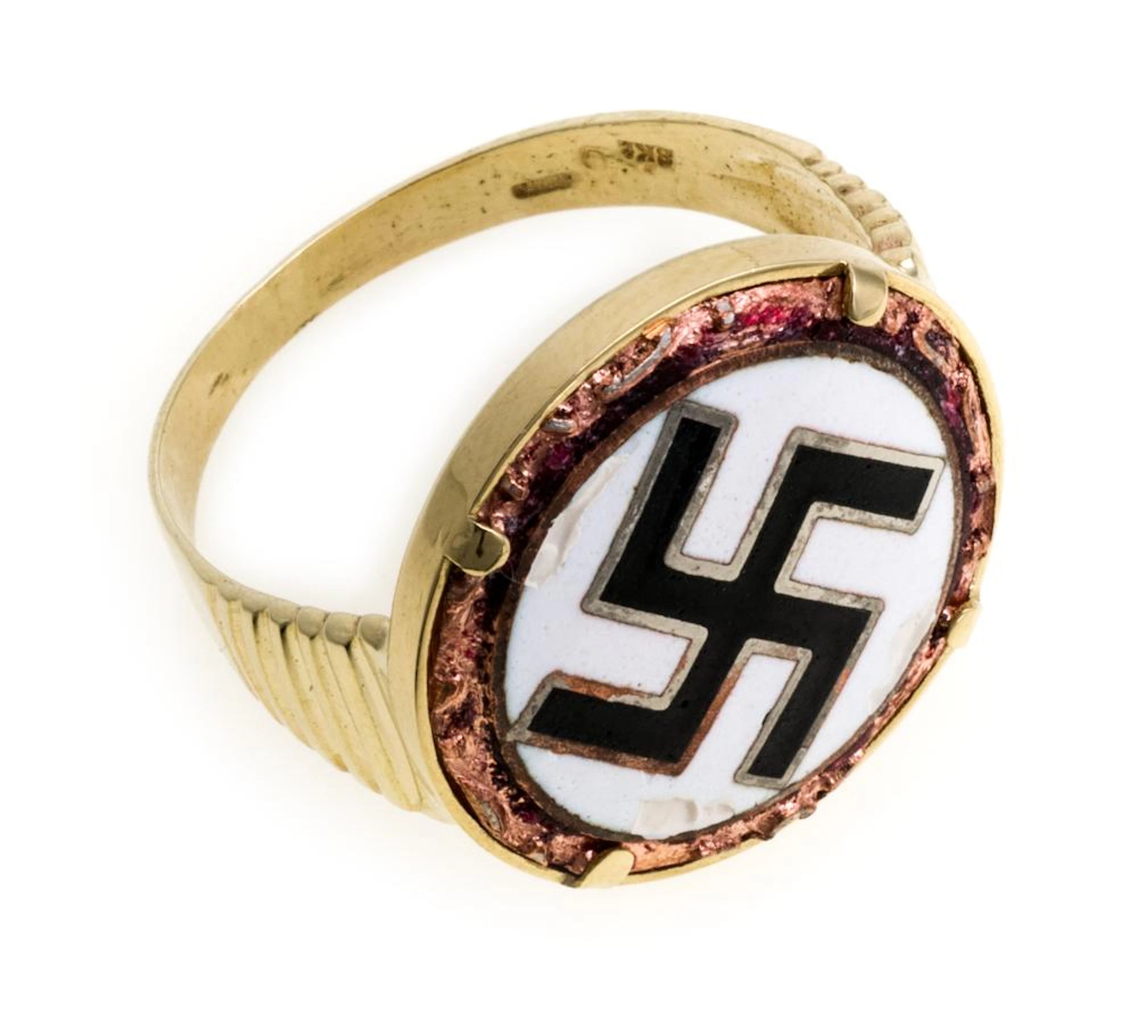 GOLD MEN'S RING WITH COPPER AND RED ENAMELS