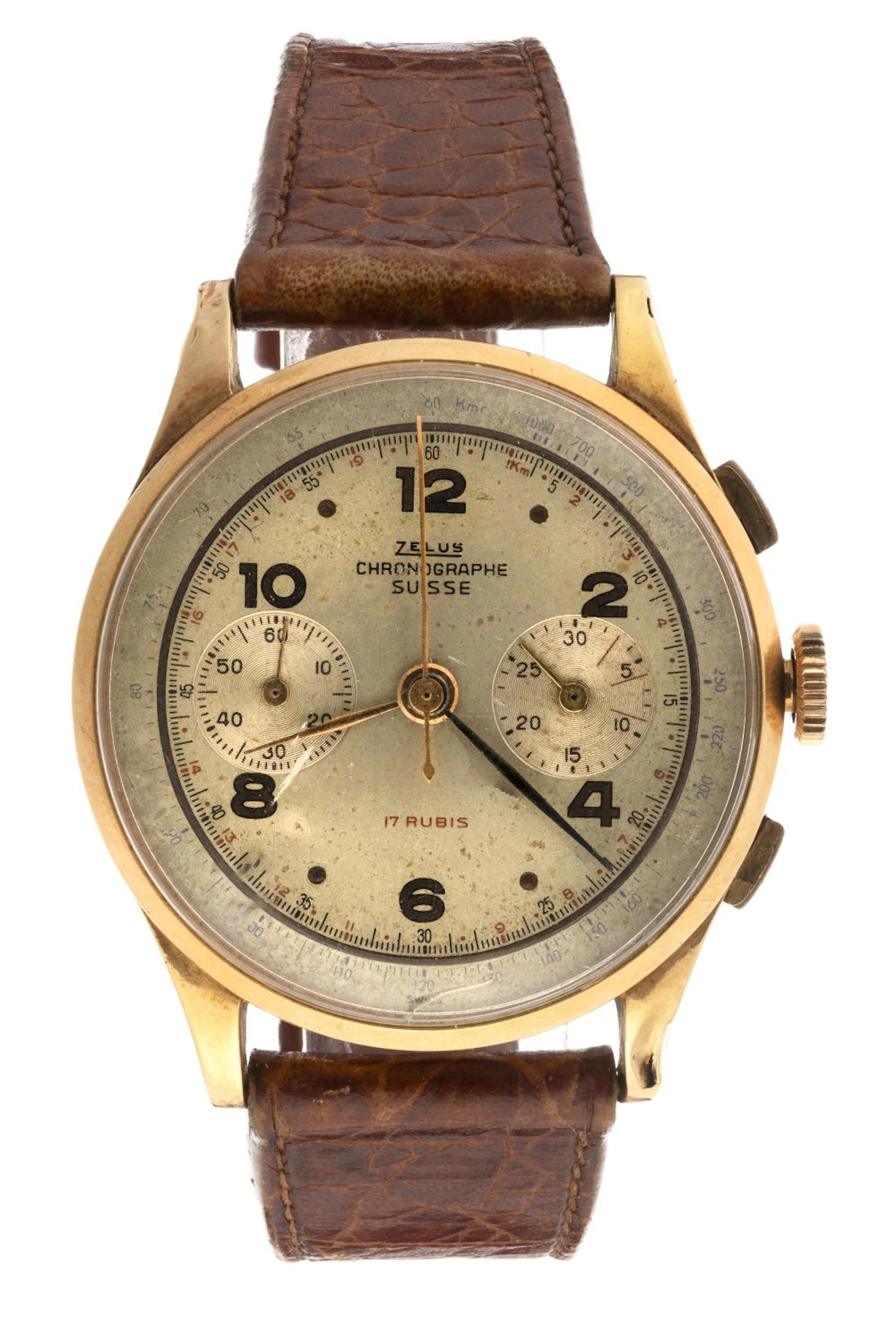 18 KT GOLD VINTAGE WRISTWATCH ZELUS CHRONOGRAPHE SUISSE