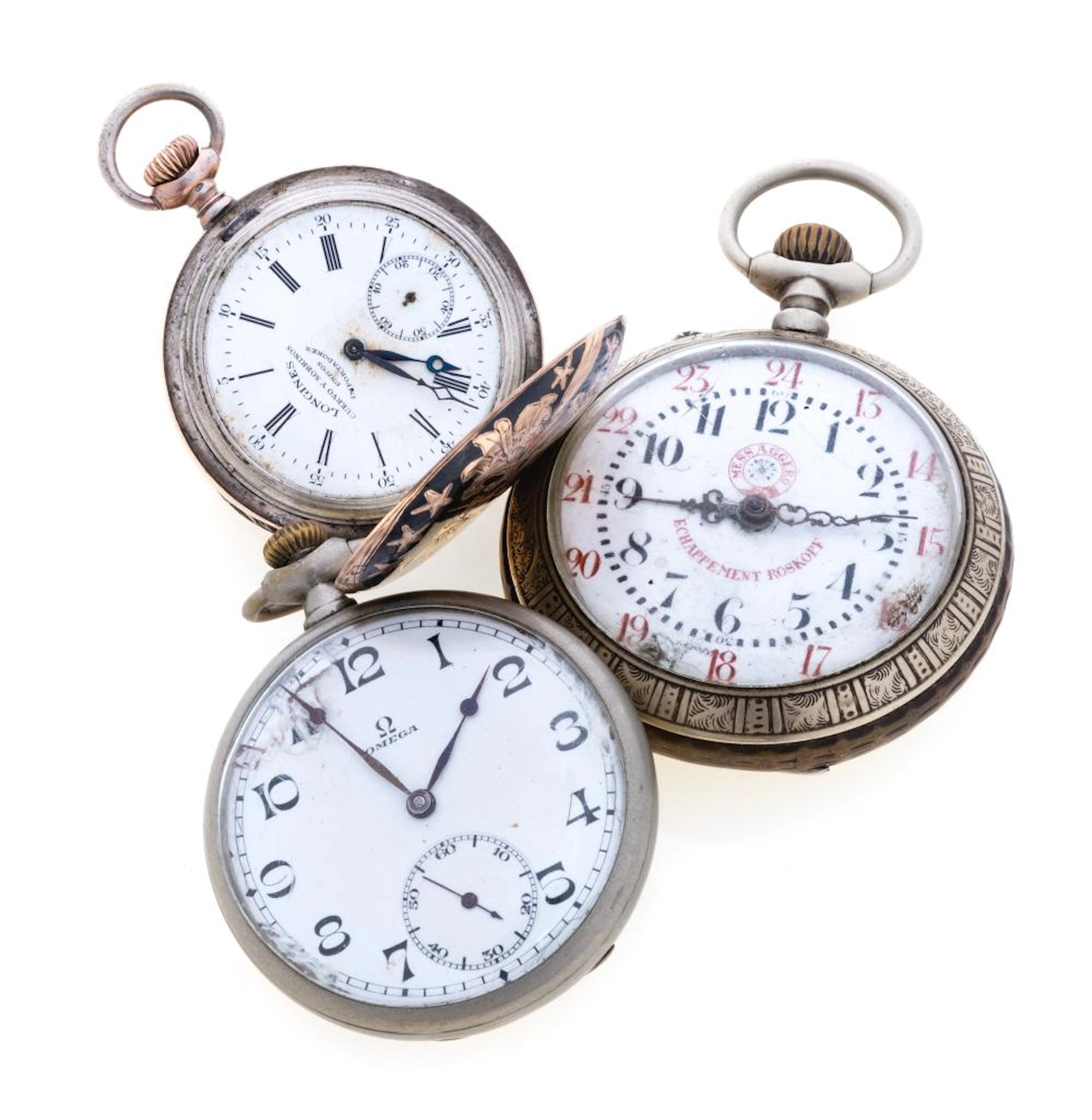 THREE POCKET WATCHES LONGINES, OMEGA AND ROSKOPF
