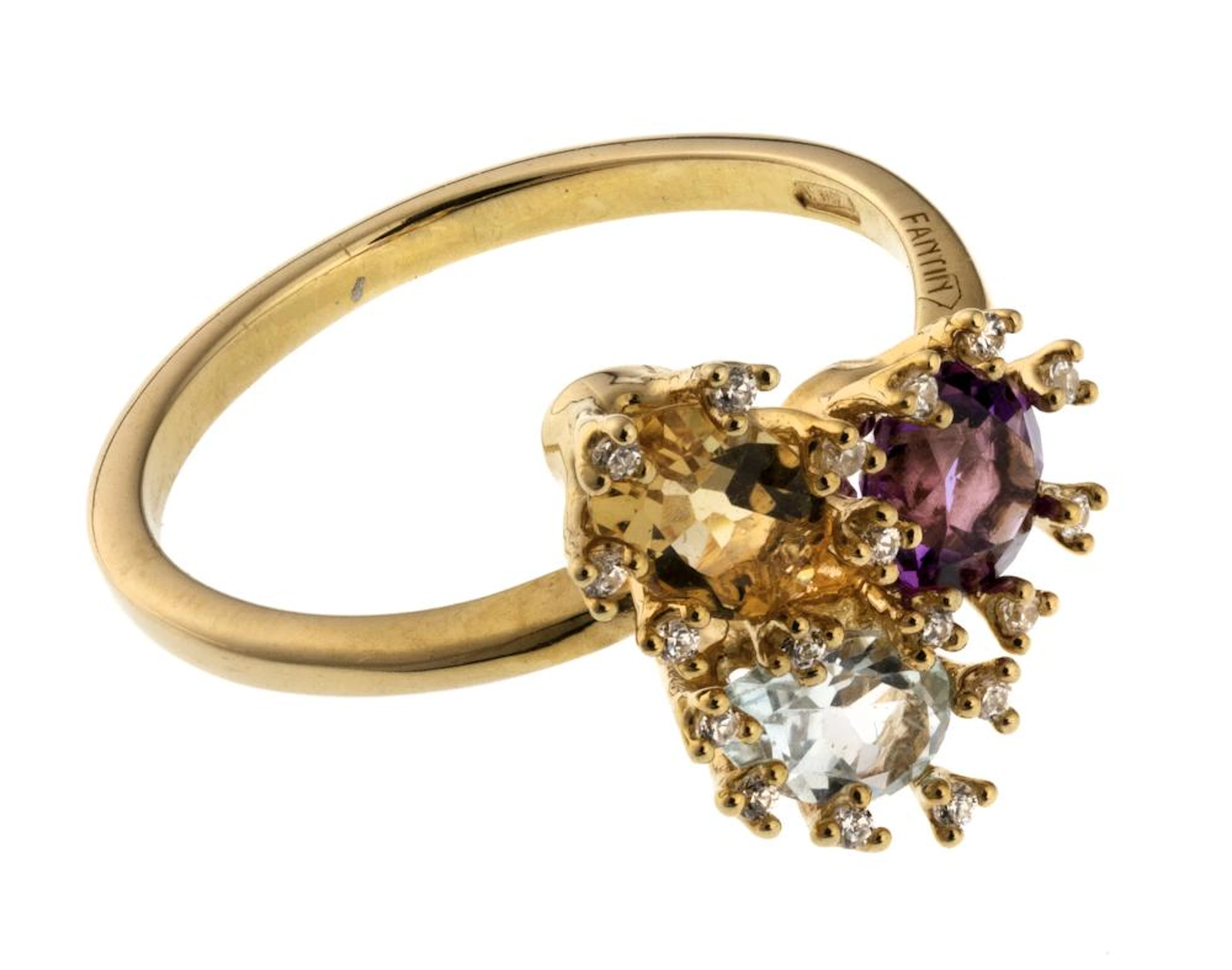 GOLD RING WITH AMETHYST, TOPAZ AND DIAMONDS