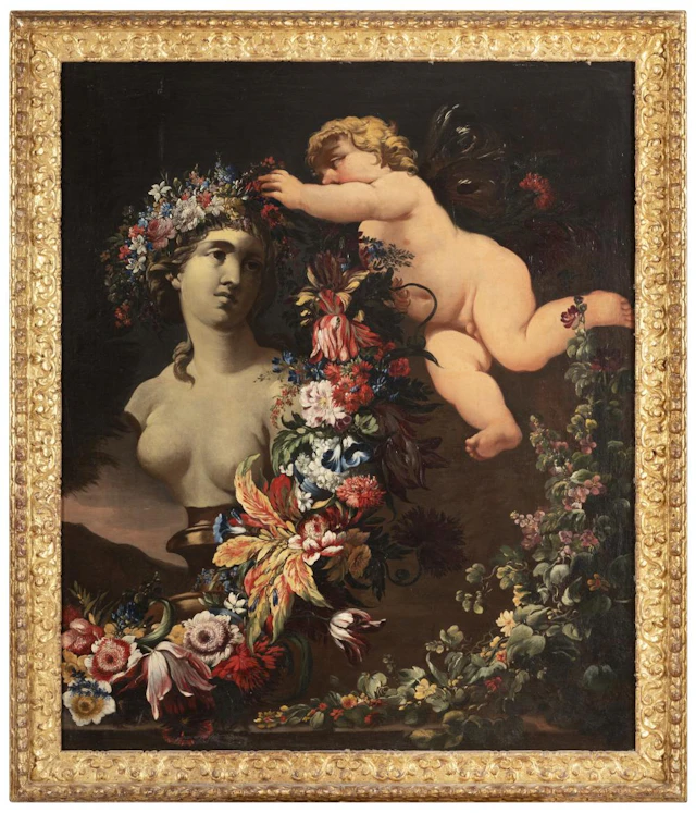 OIL PAINTING BY ABRAHAM BRUEGHEL AND GUILLAUME COURTOIS, att. to
