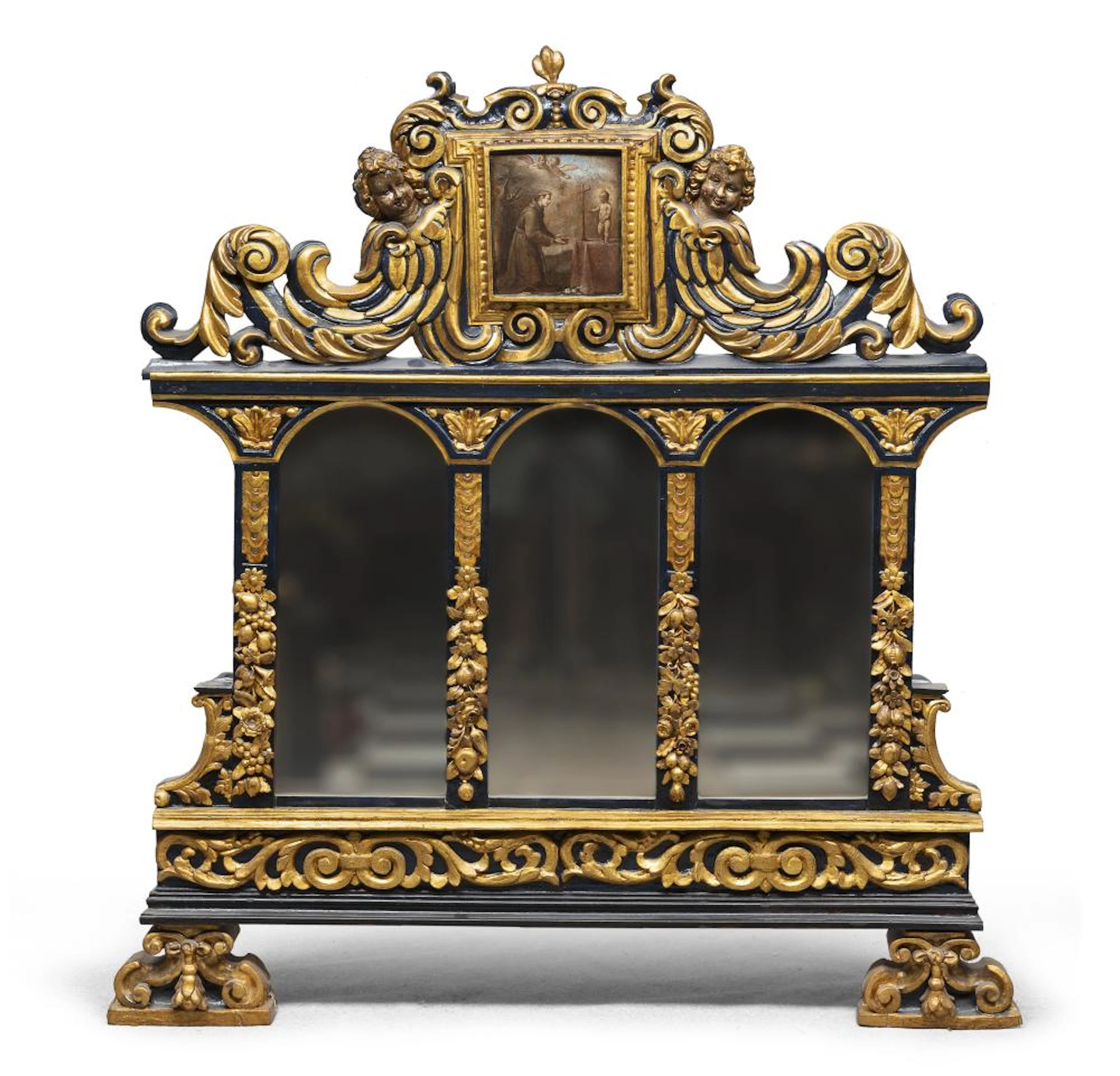 BIG MIRROR WITH PAINTING, PROBABLY 18TH CENTURY NAPLES