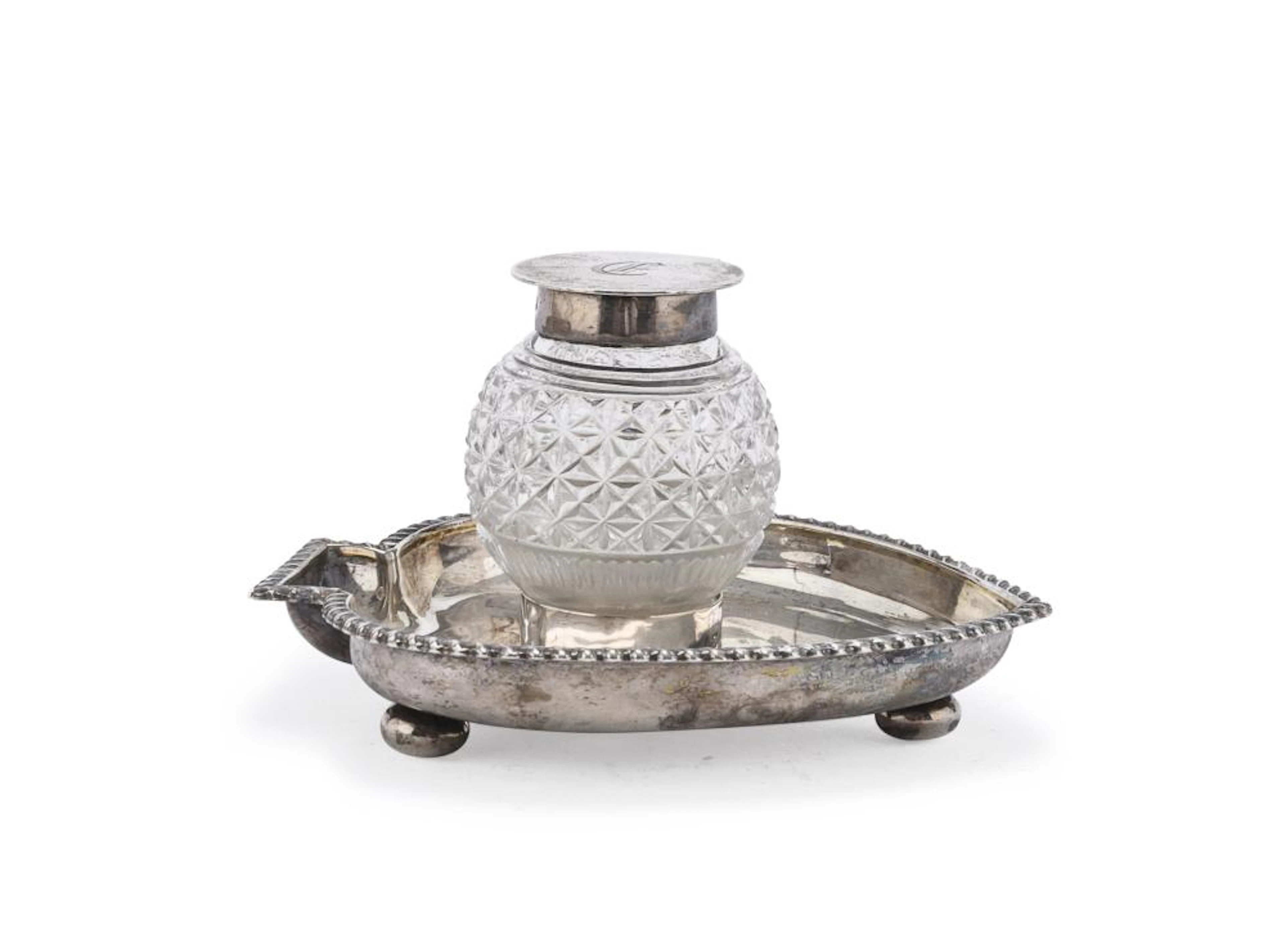 SMALL SILVER AND GLASS INKWELL, ENGLAND EARLY 20TH CENTURY