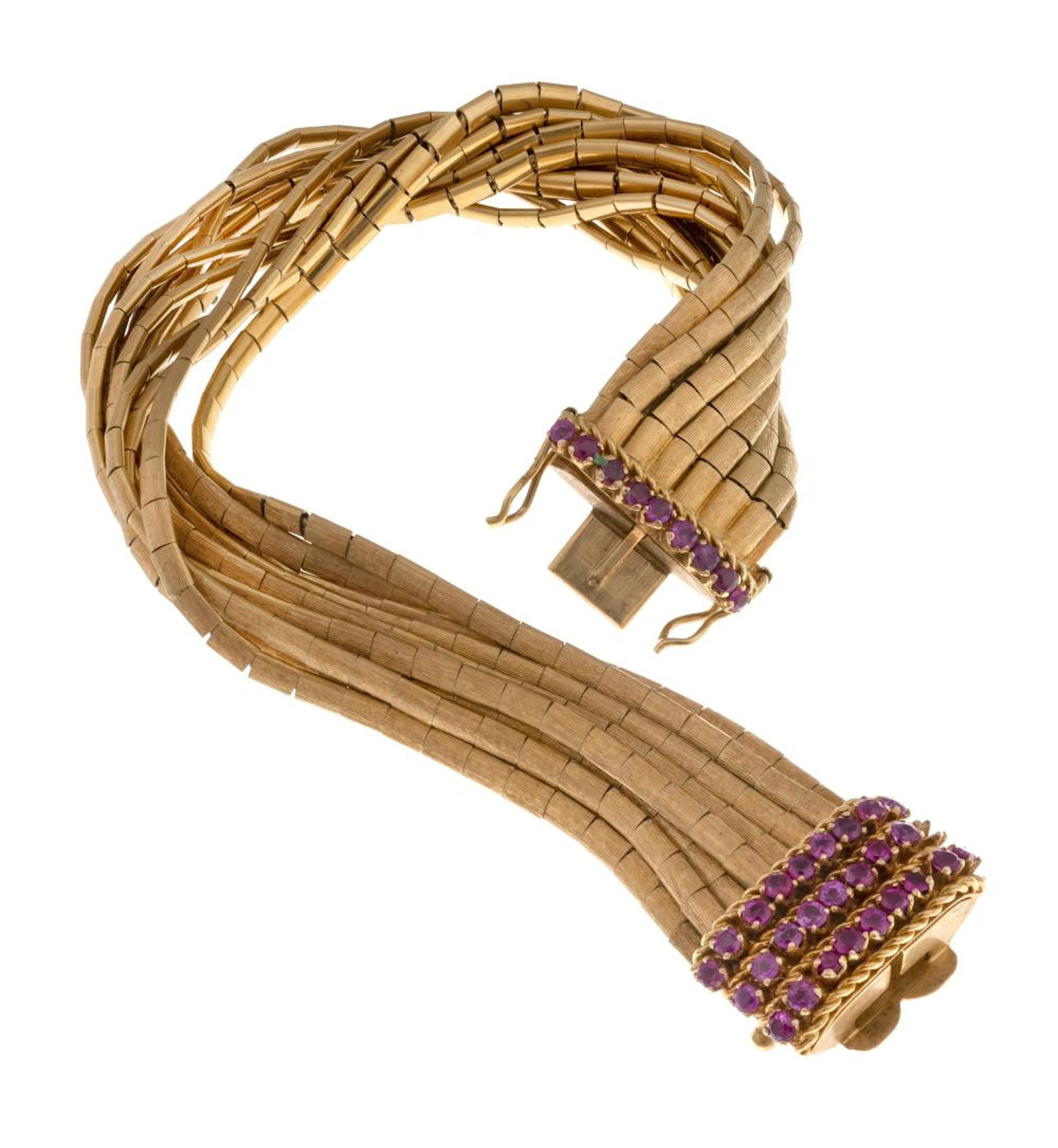 THIRTEEN STRAND GOLD MESH BRACELET WITH RUBIES