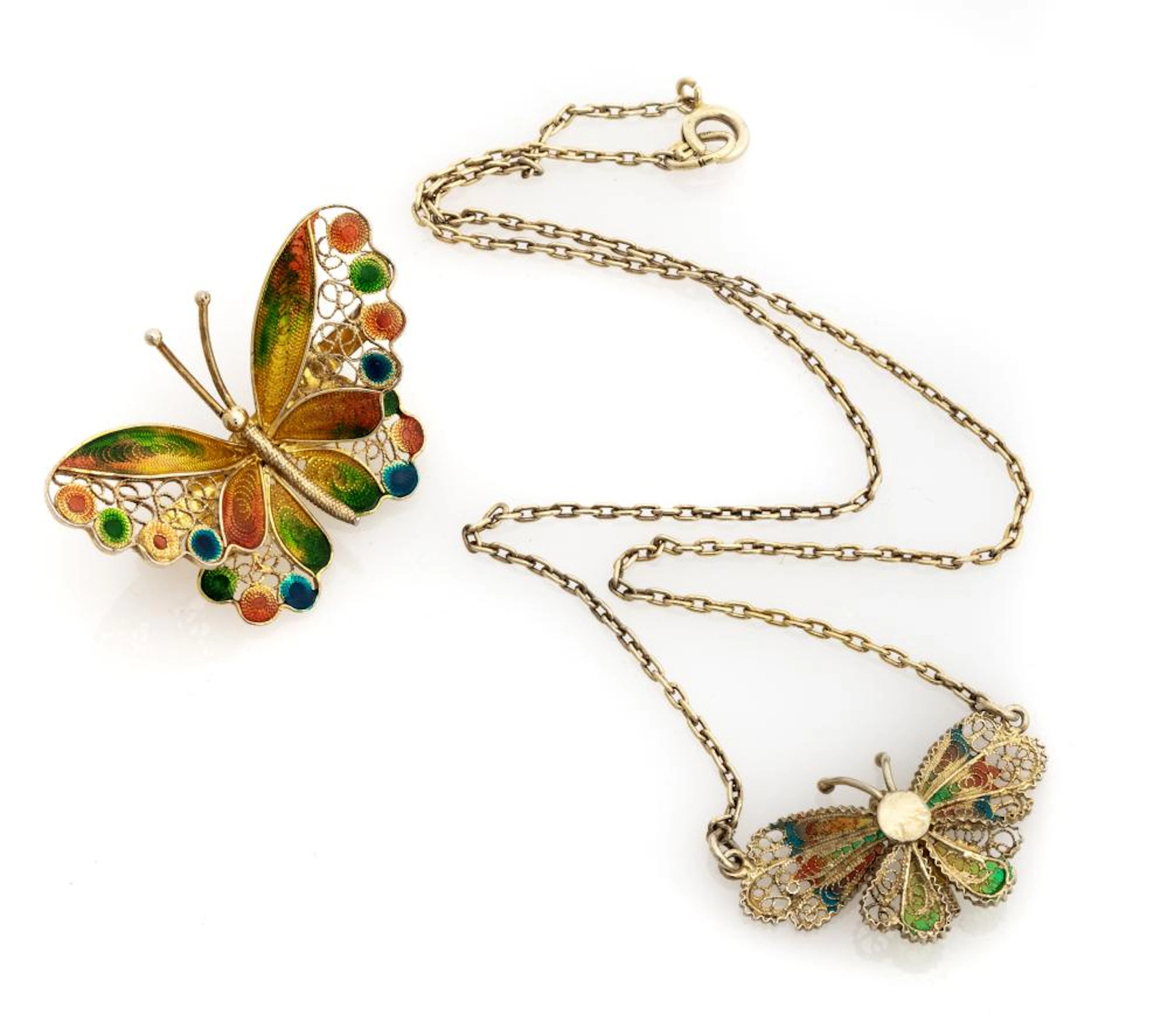 SILVER NECKLACE AND BROOCH WITH ENAMELS