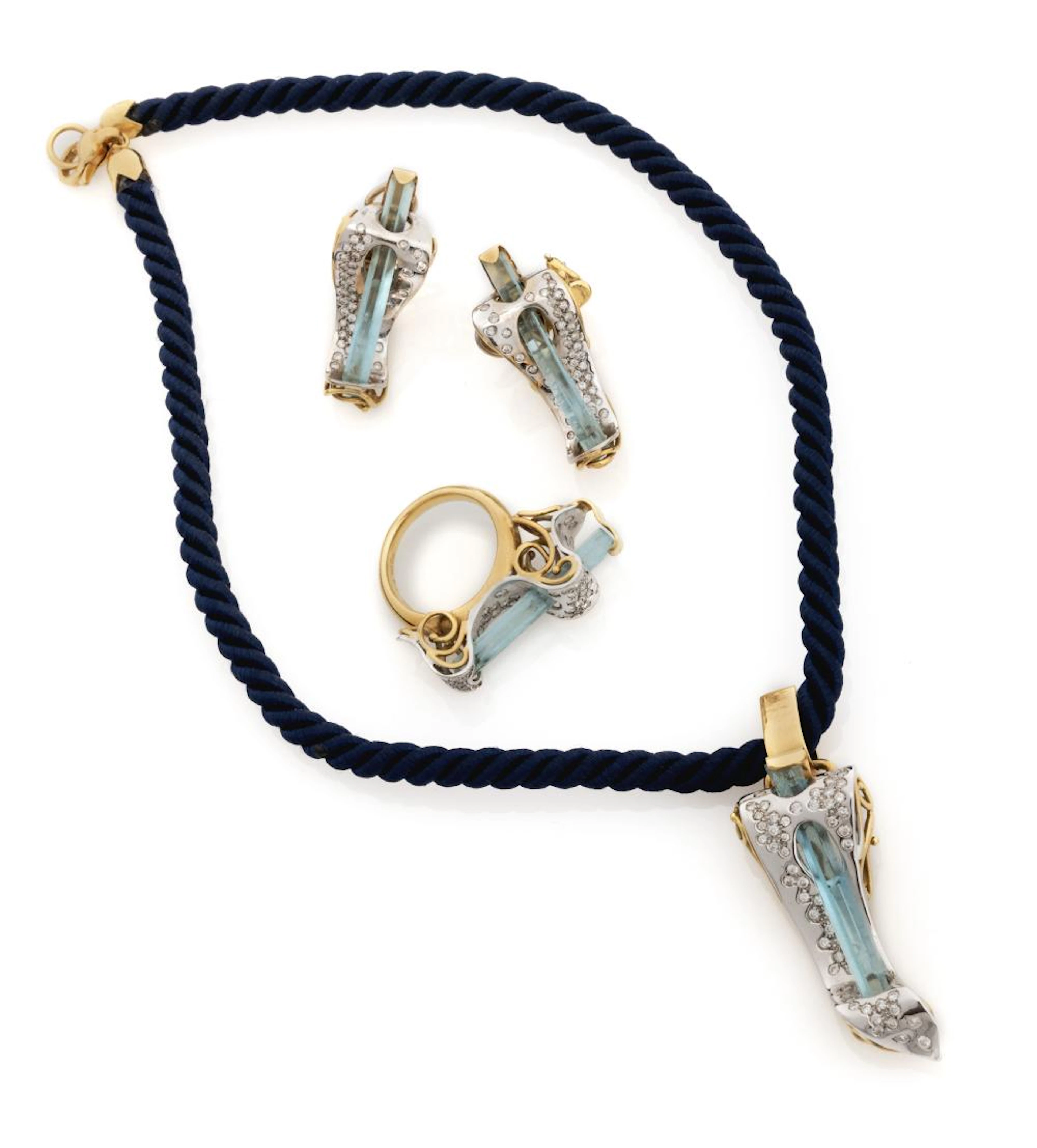 GOLD EARRINGS NECKLACE AND RING WITH AQUAMARINE AND DIAMONDS