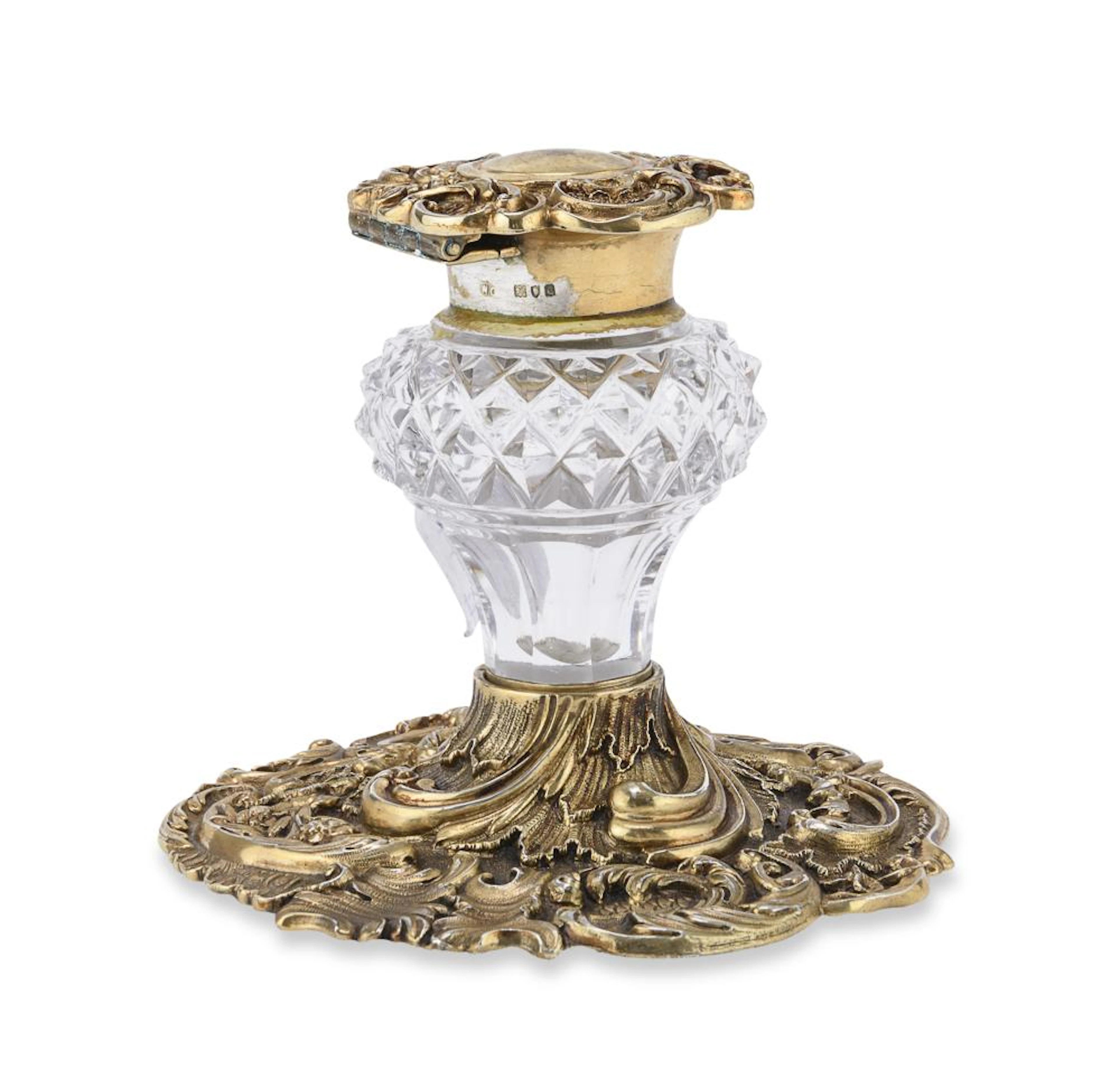 CRYSTAL AND GILT SILVER INKWELL, LONDON 1896