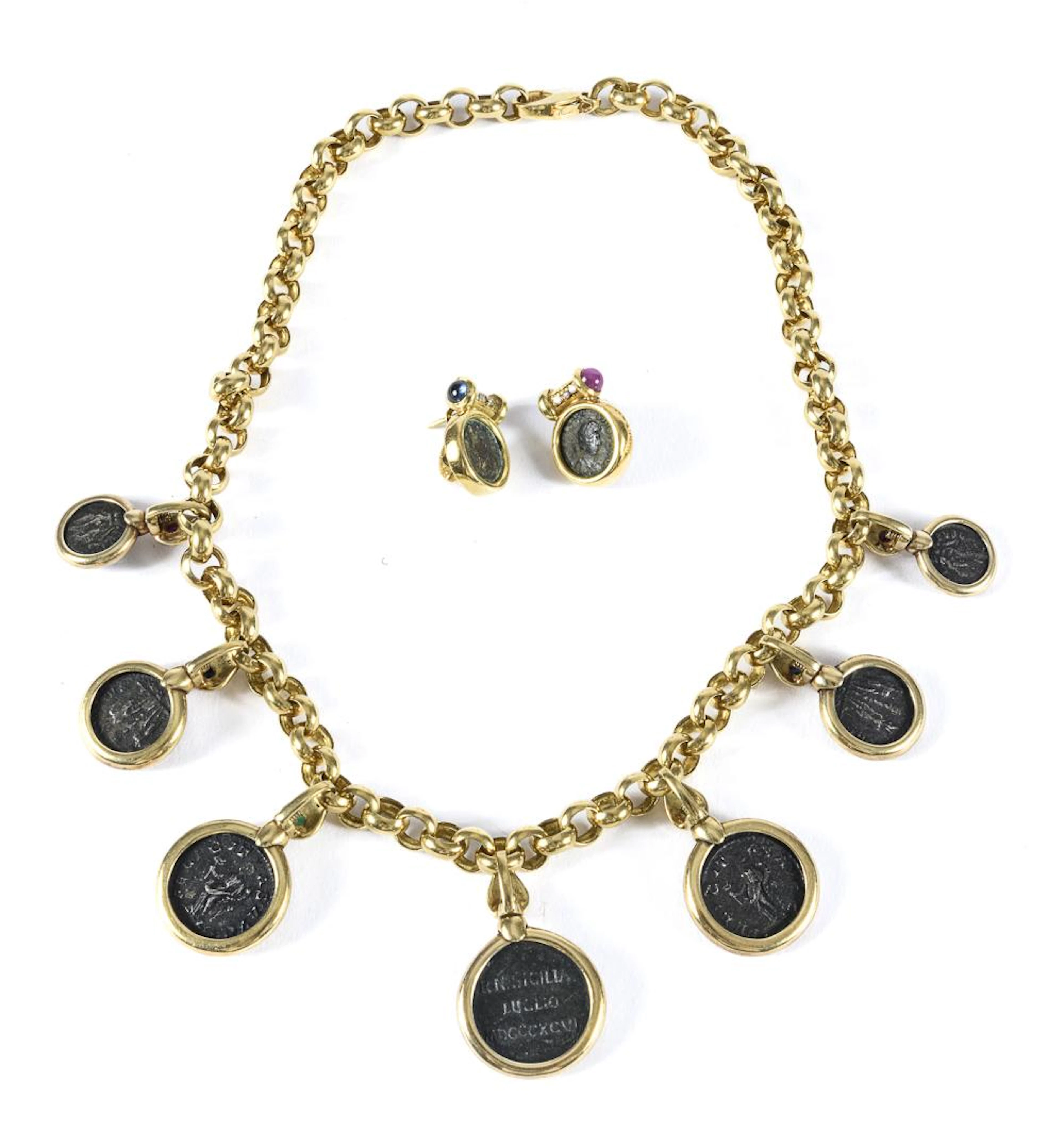 SET OF GOLD NECKLACE AND EARRINGS WITH ROMANN COINS, RUBIES AND DIAMONDS