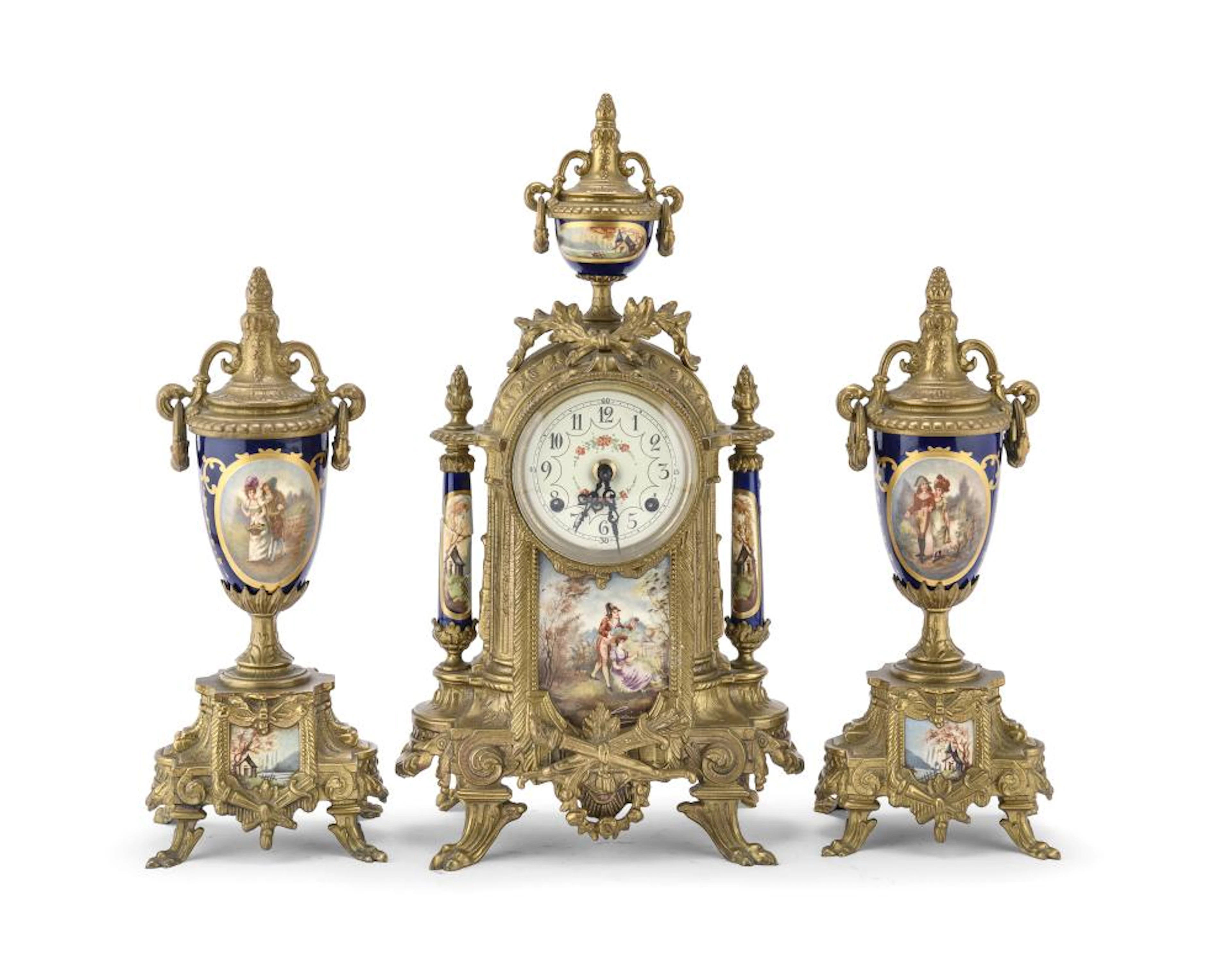 BRONZE AND PORCELAIN TRIPTYCH WITH CLOCK, EARLY 20TH CENTURY