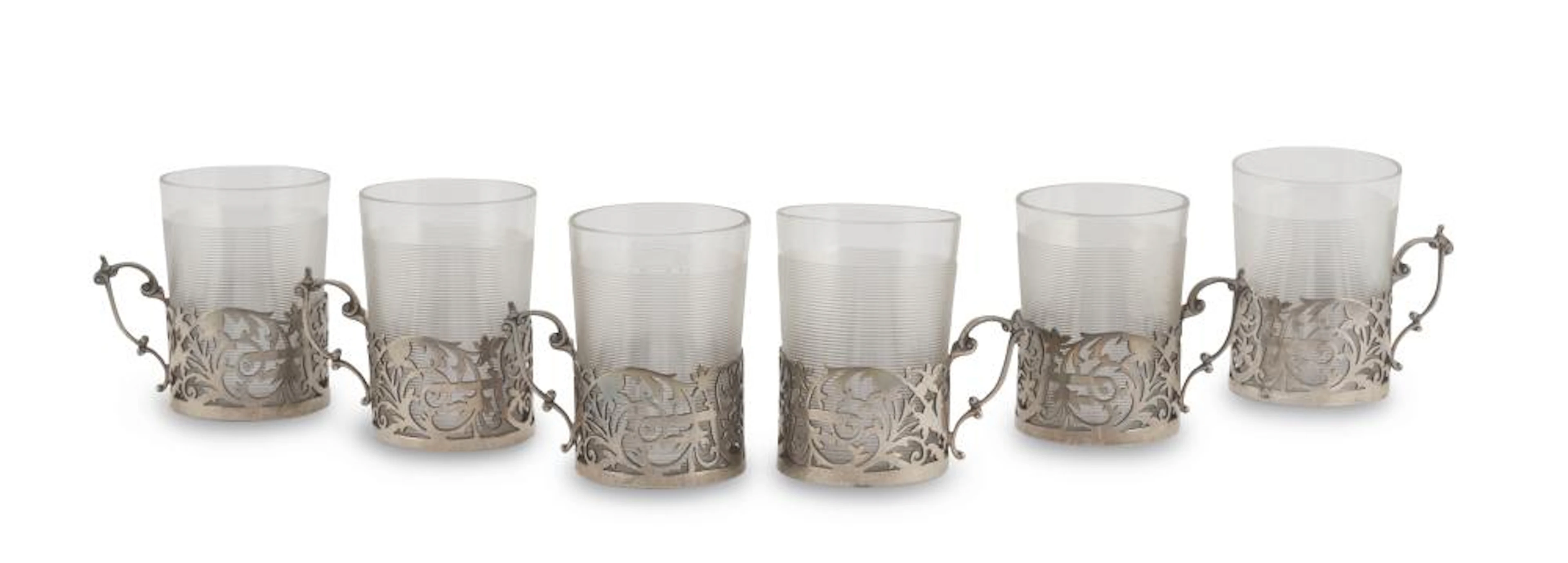 SIX LIQUEUR BEAKERS IN GLASS AND SILVER, PUNCH BIRMINGHAM 1907