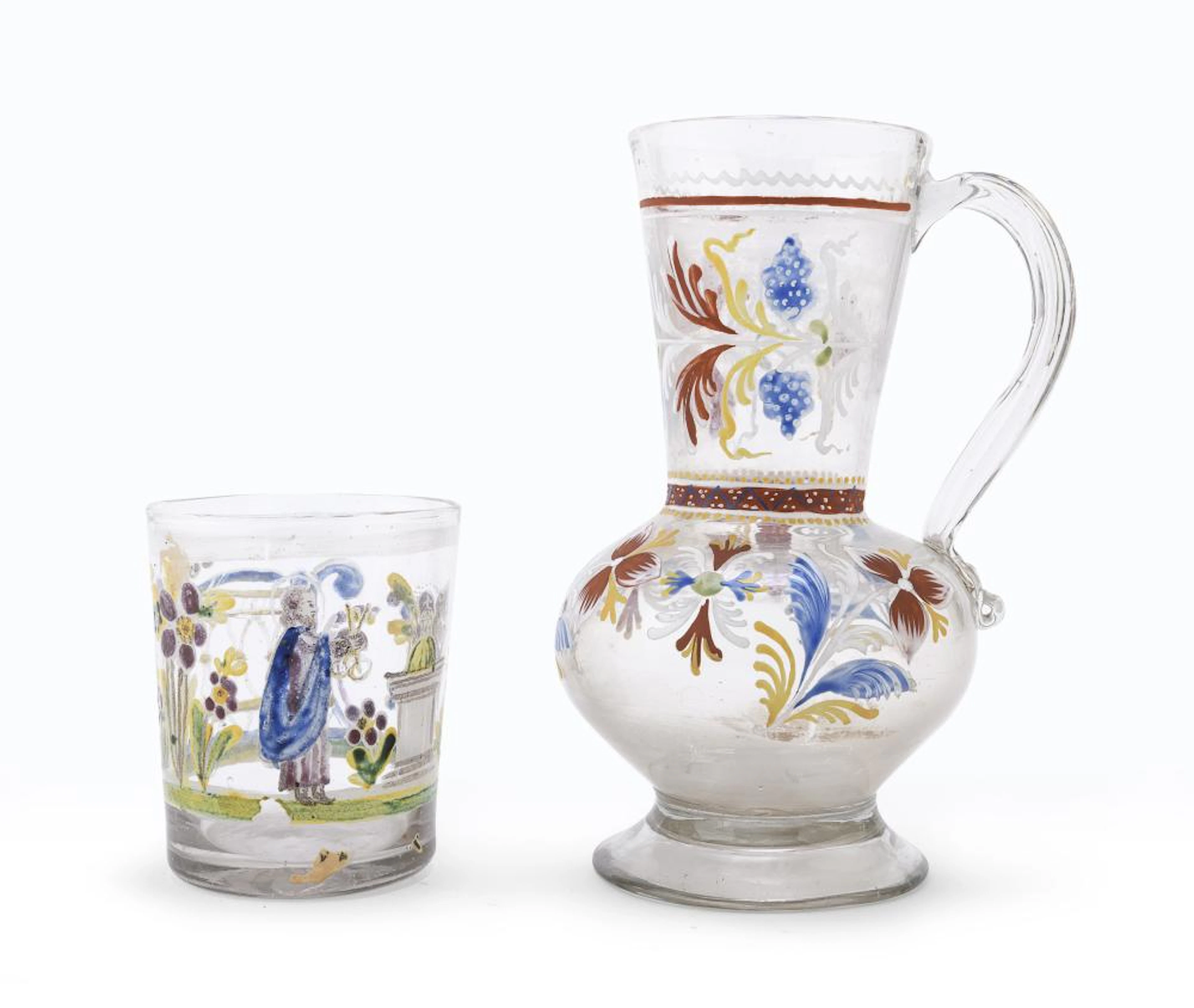 BLOWN GLASS CUP AND JUG, 19th CENTURY