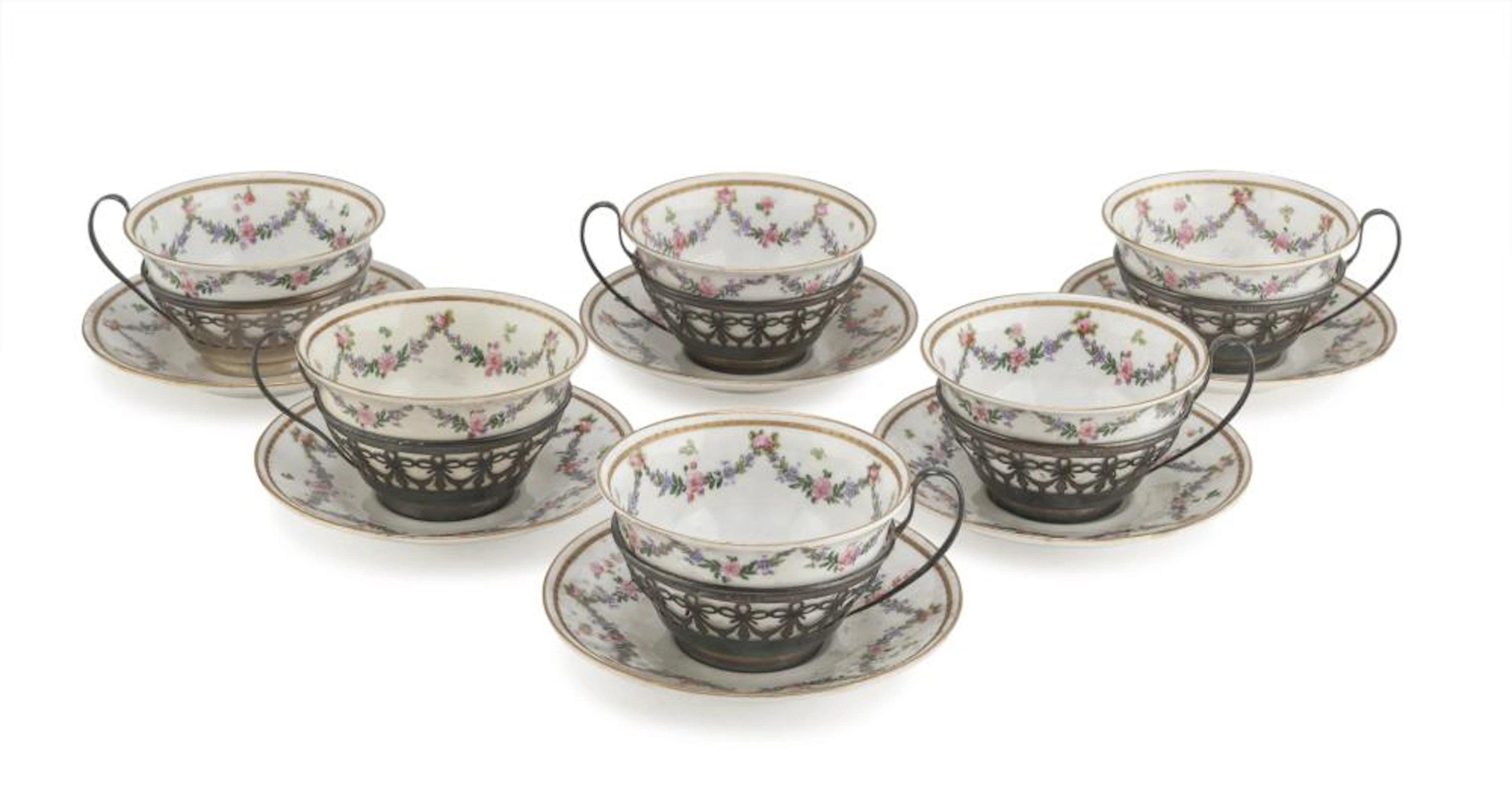 SIX CUPS IN PORCELAIN AND SILVER, PUNCH BIRMINGHAM 1912