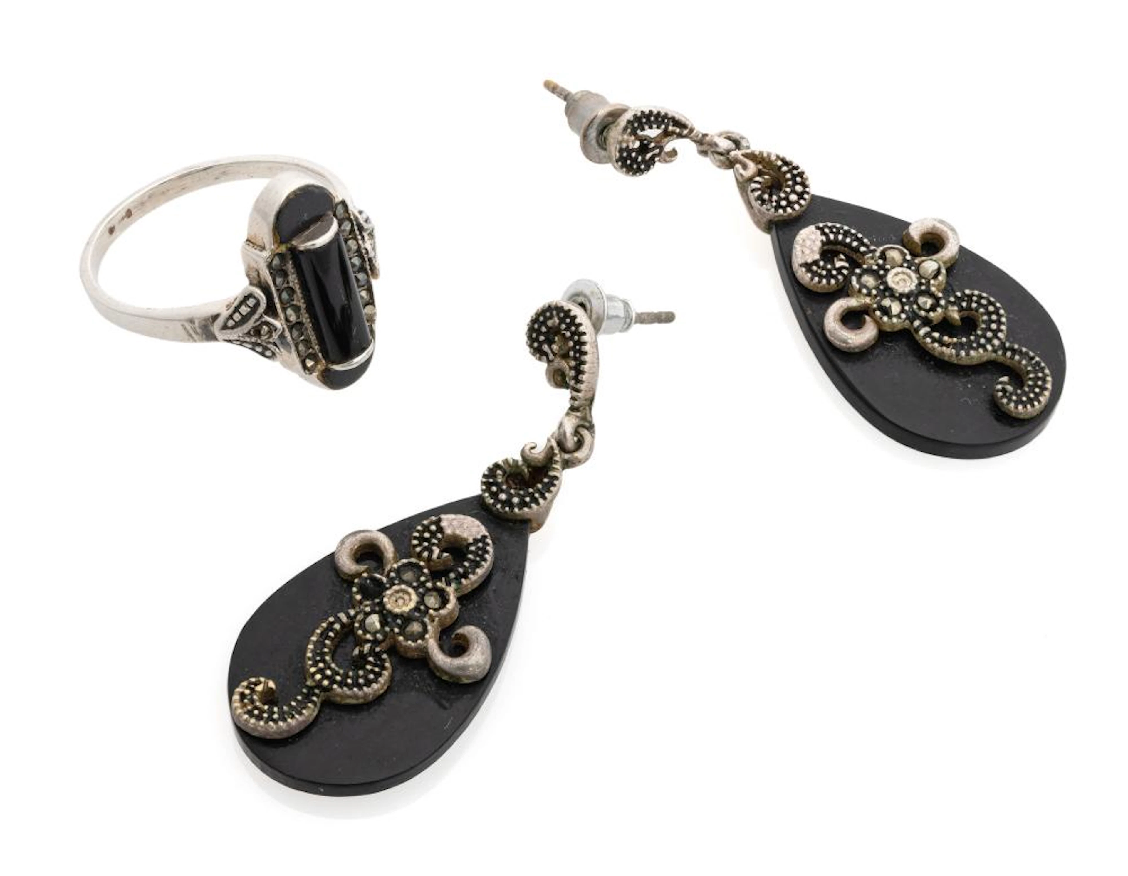SET OF SILVER EARRINGS AND RING, ART NOUVEAU STYLE