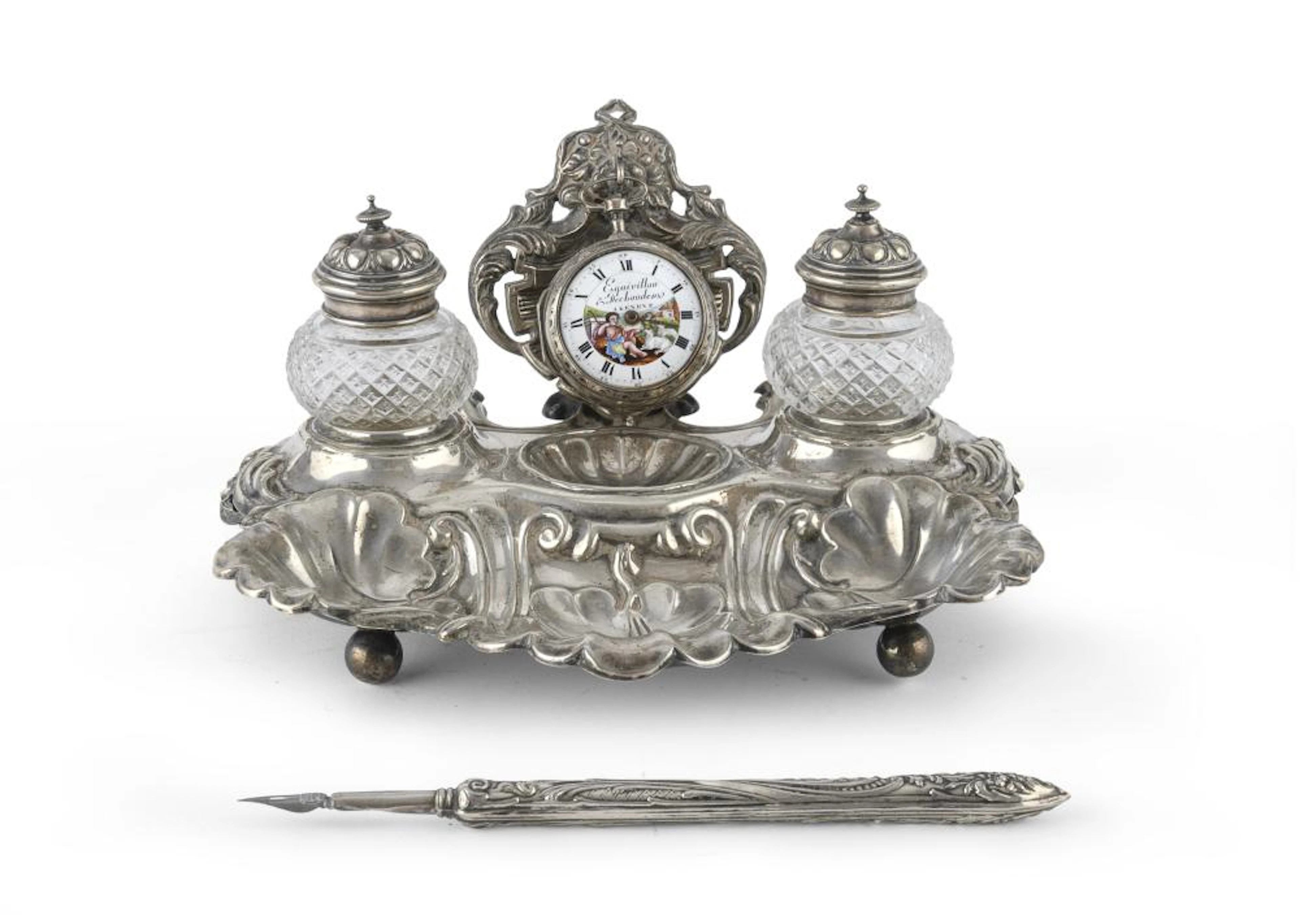 SILVER INKWELL WITH CLOCK, 19th CENTURY GERMANY