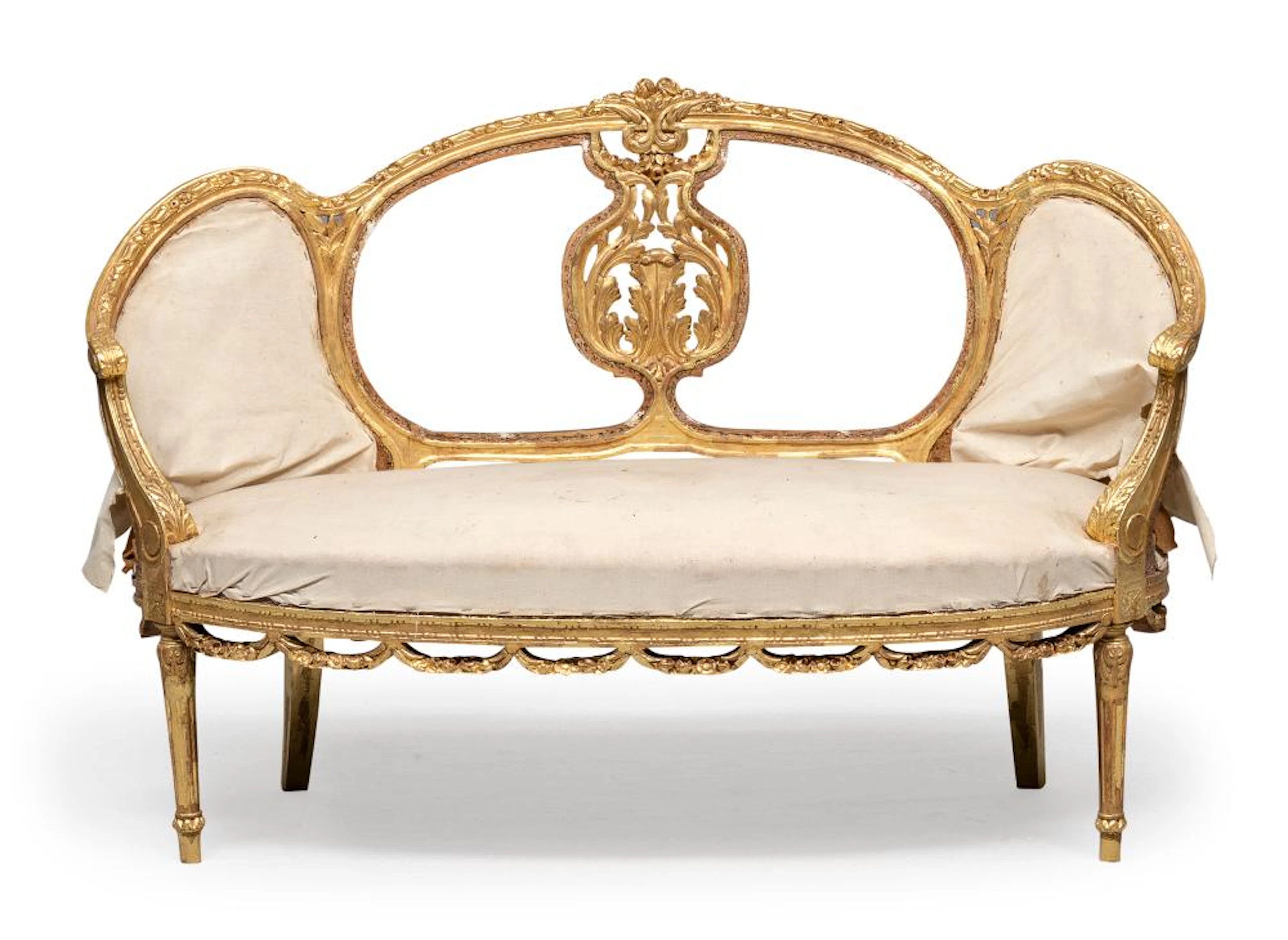 CORBEILLE SOFA IN GILTWOOD, ANTIQUE ELEMENTS