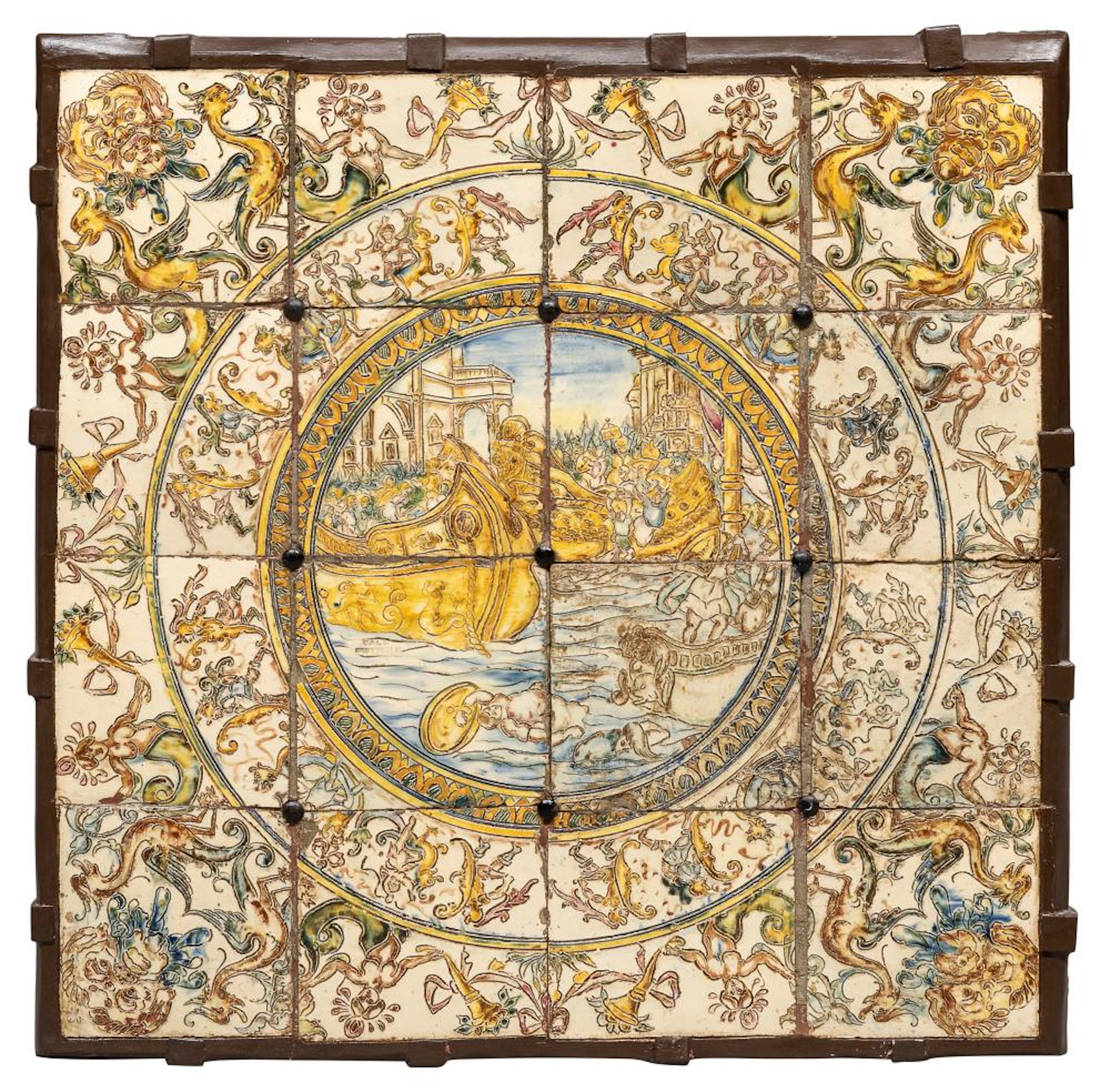 COMPOSITION OF MAJOLICA TILES, WORKSHOP BELL LATE 18TH CENTURY