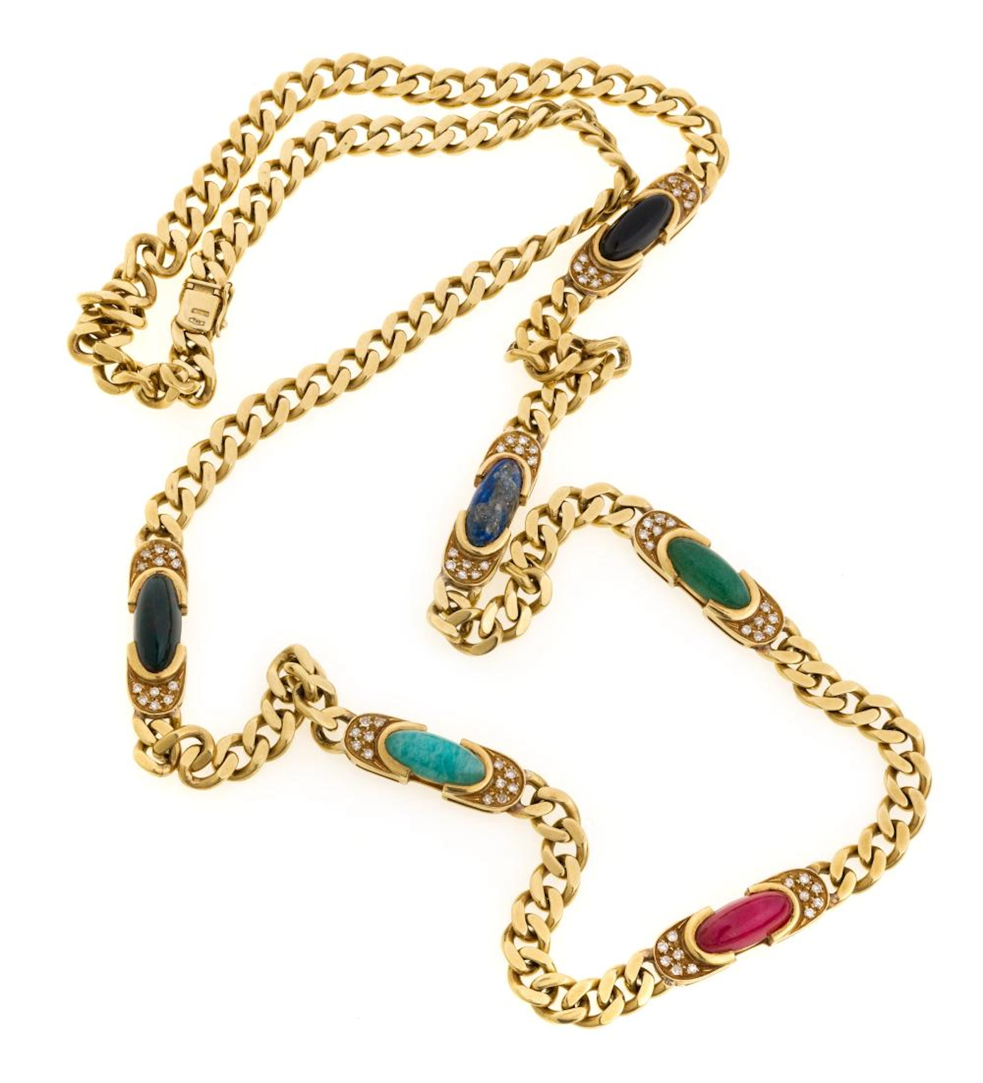 GOLD NECKLACE WITH RUBY ONYX LAPIS LAZULI AND DIAMONDS
