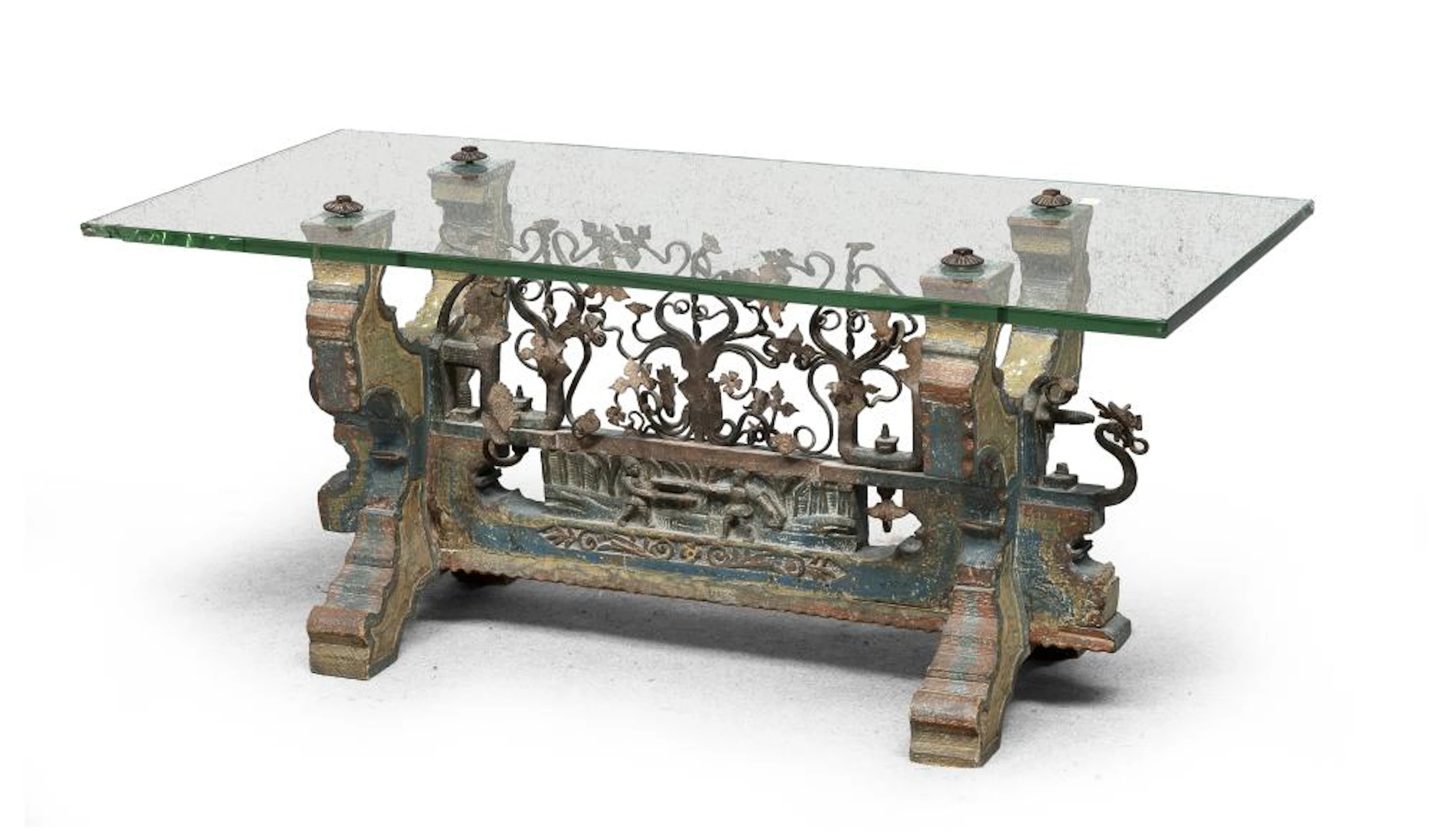 WOOD AND IRON COFFEE TABLE, ELEMENTS OF THE 19TH CENTURY