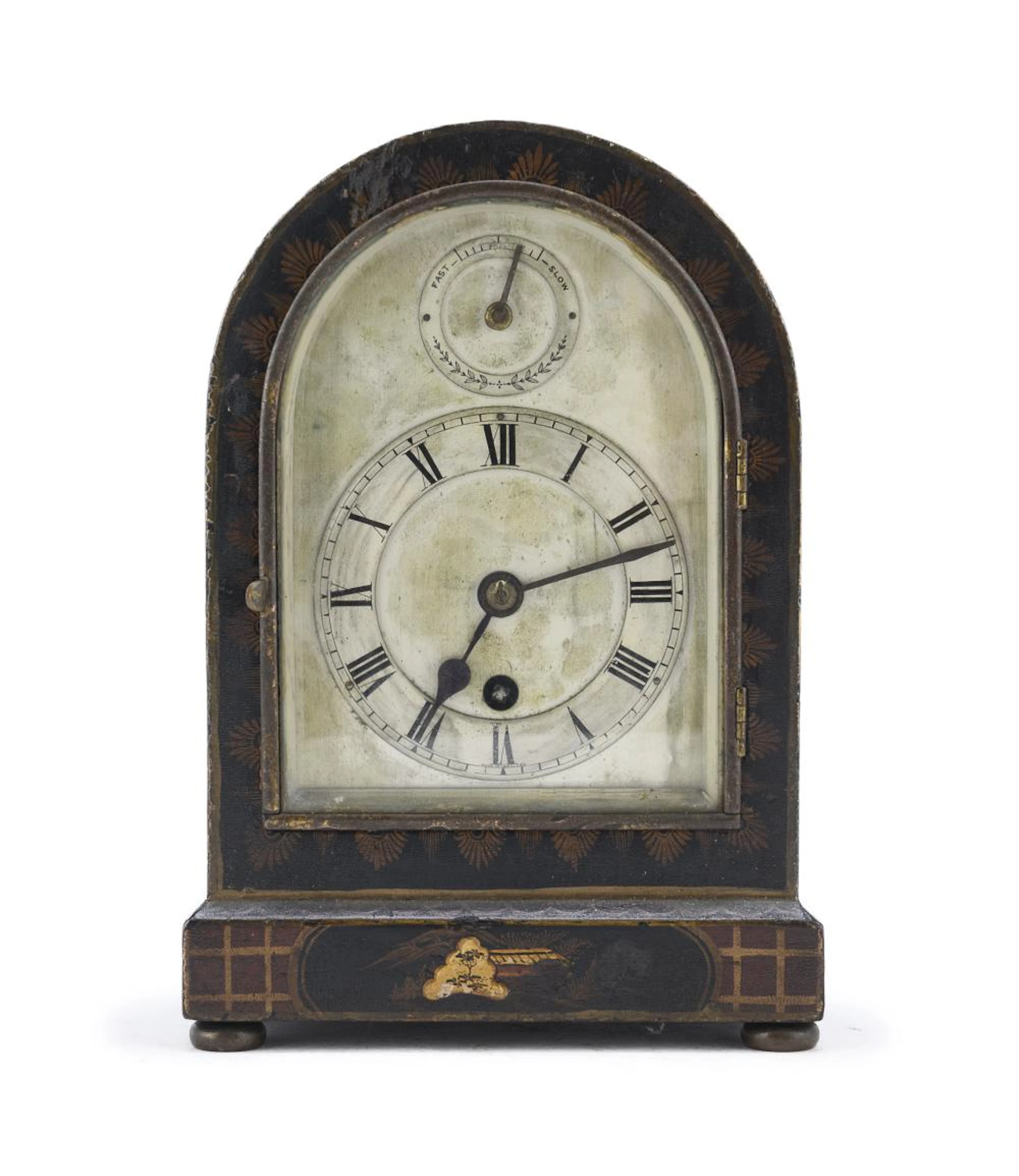 SMALL BLACK LACQUER TABLE CLOCK, ENGLAND LATE 19TH CENTURY