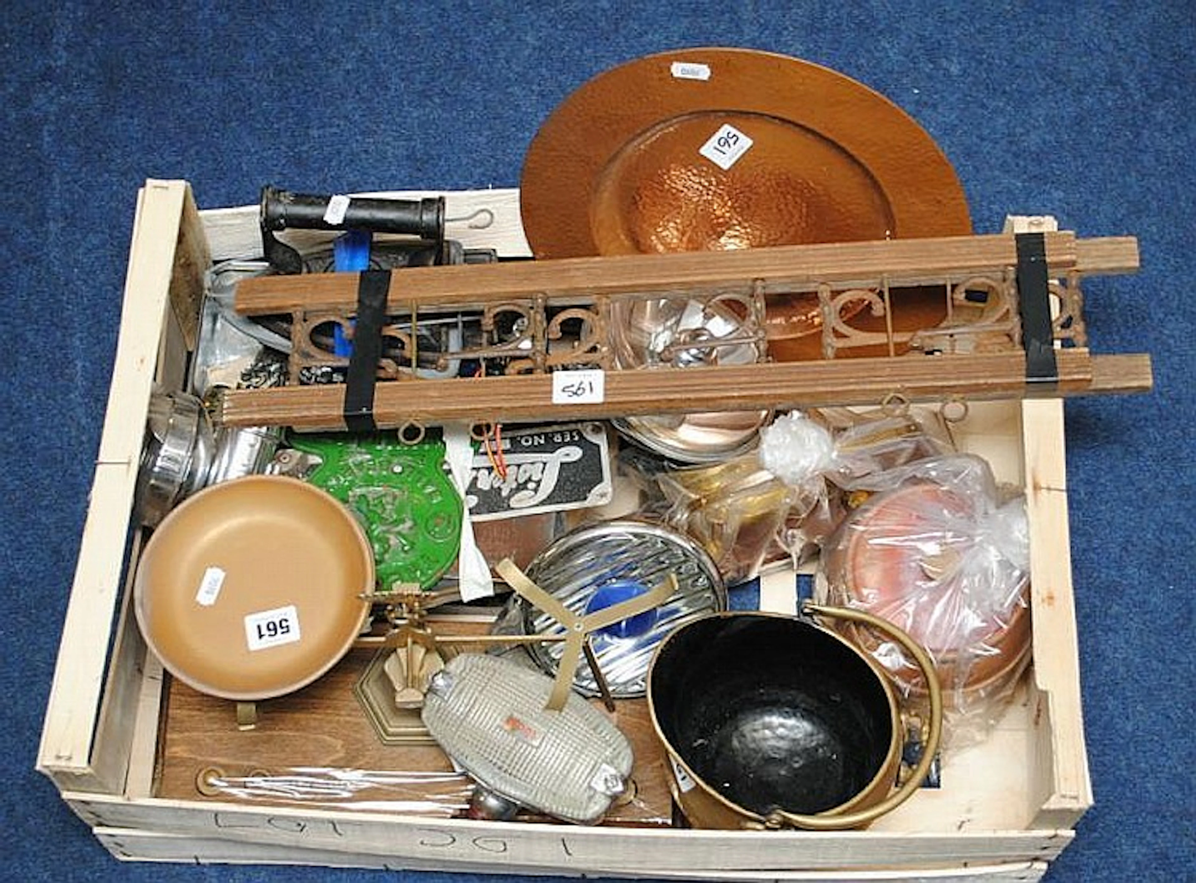 Various objects including brass scales, Lucas and