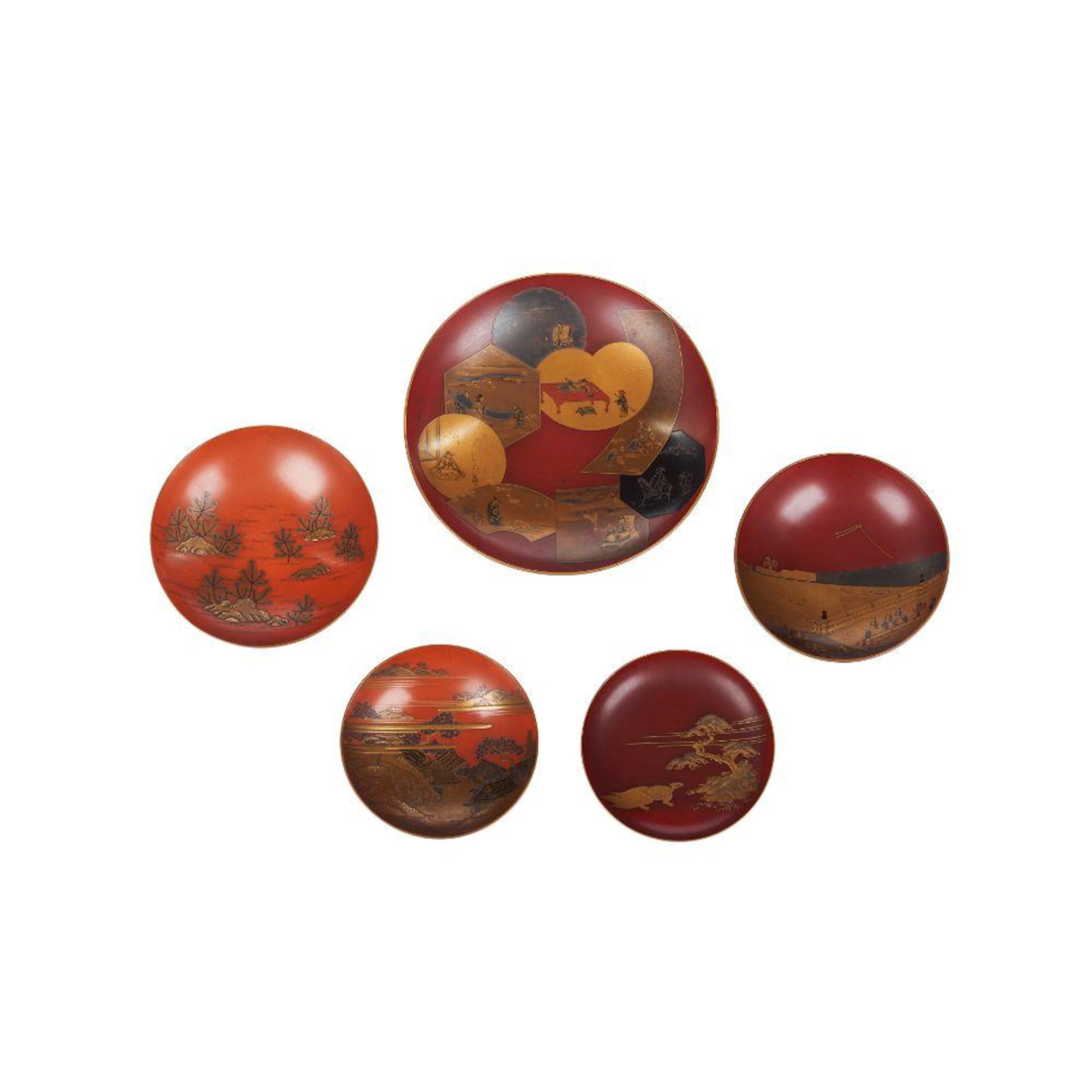 Set of five lacquer Sakazuki (Sake Cups)