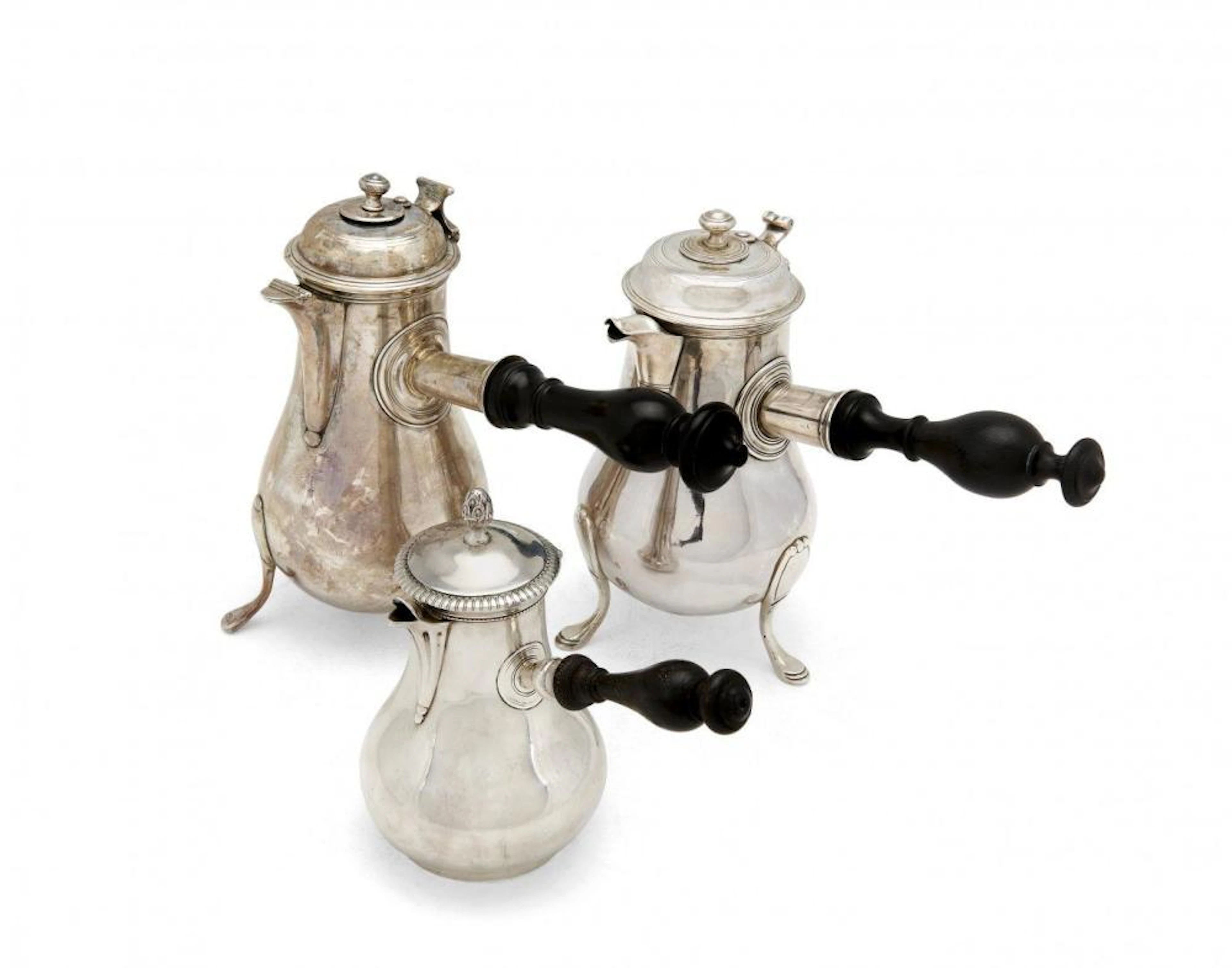 TWO SILVER ÉGOISTE CHOCOLATE POTS AND A SILVER ÉGOISTE COFFEE POT FRANCE