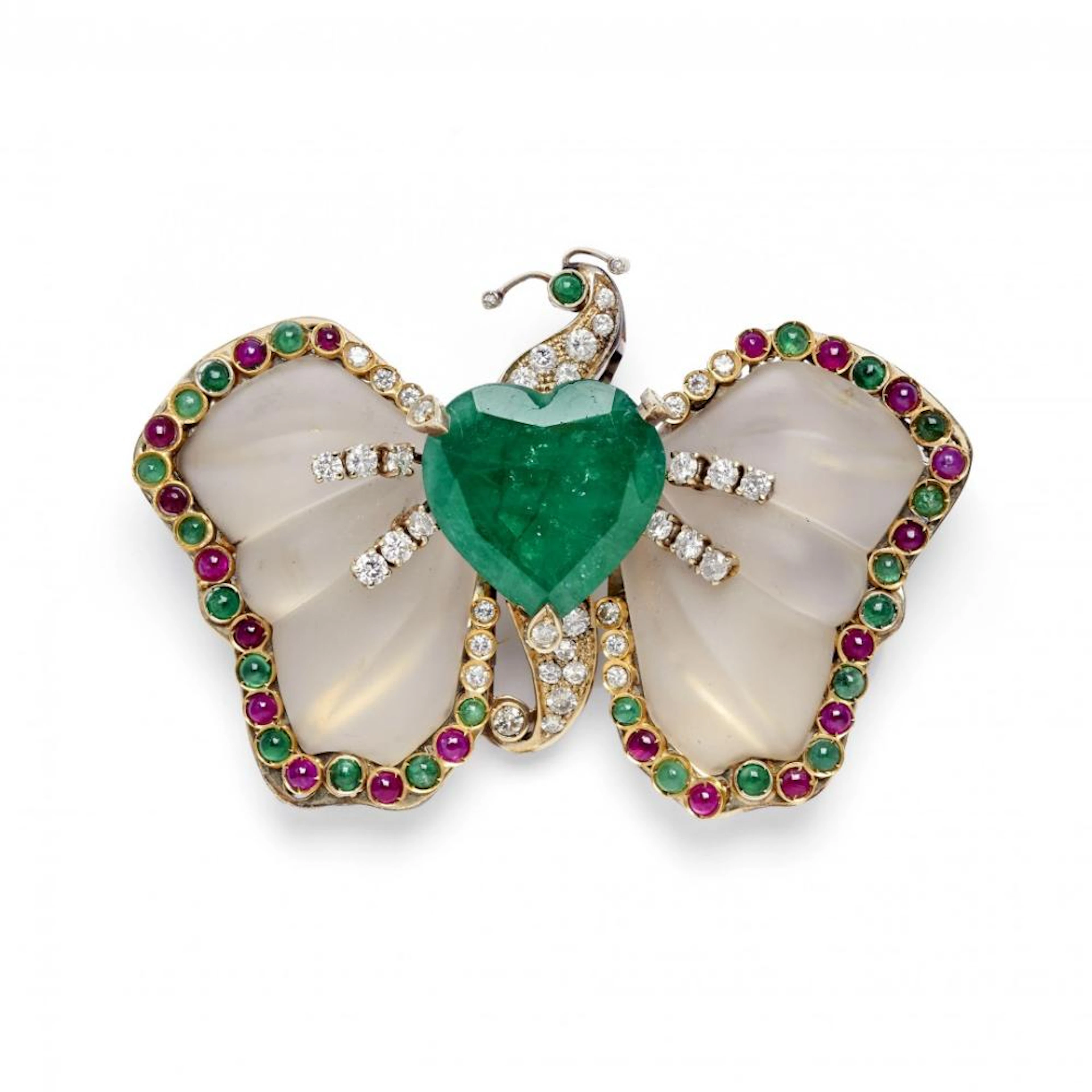 emerald, rock crystal, diamond and gem-set pendant-brooch