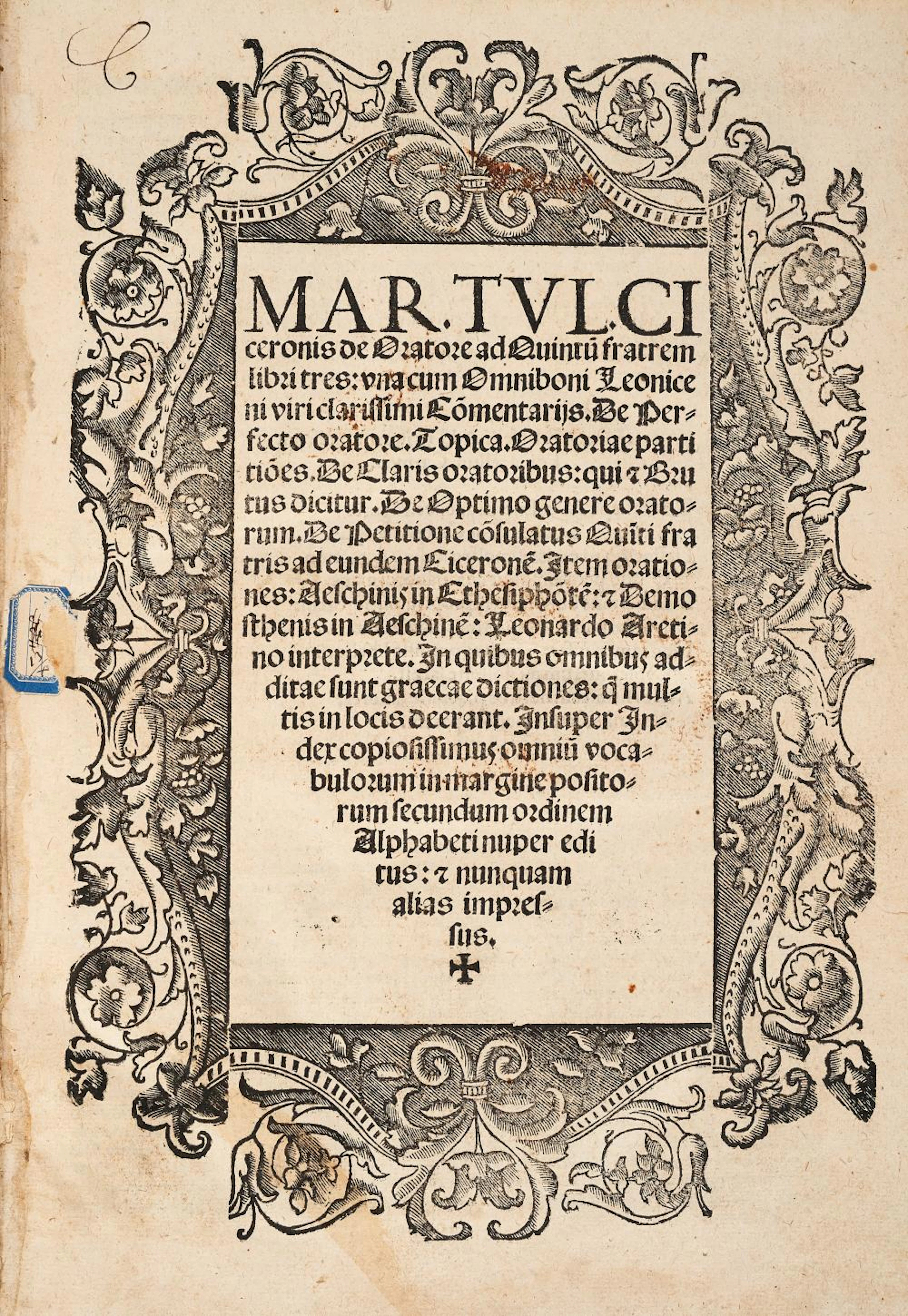 Cicerone, Marco Tullio De oratore ad Quintum fratrem libri tres.
