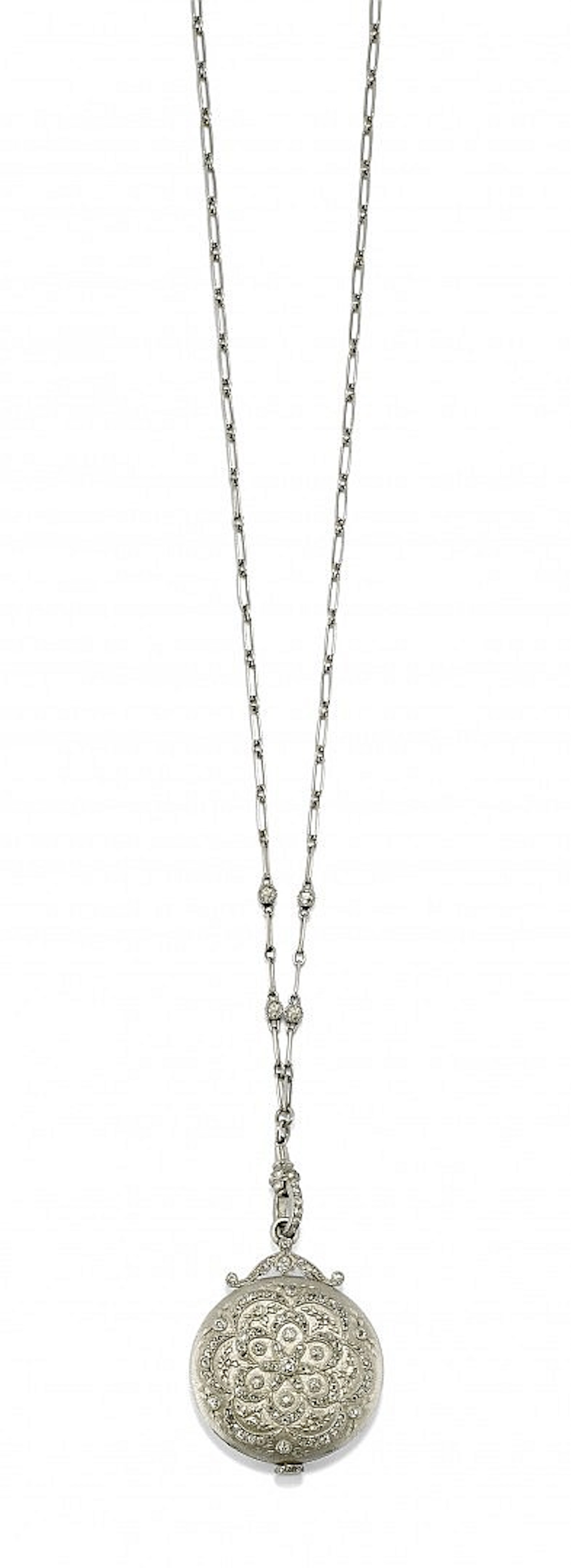 PLATINUM LONG CHAIN AND DIAMOND PENDANT/WATCH, LEROY