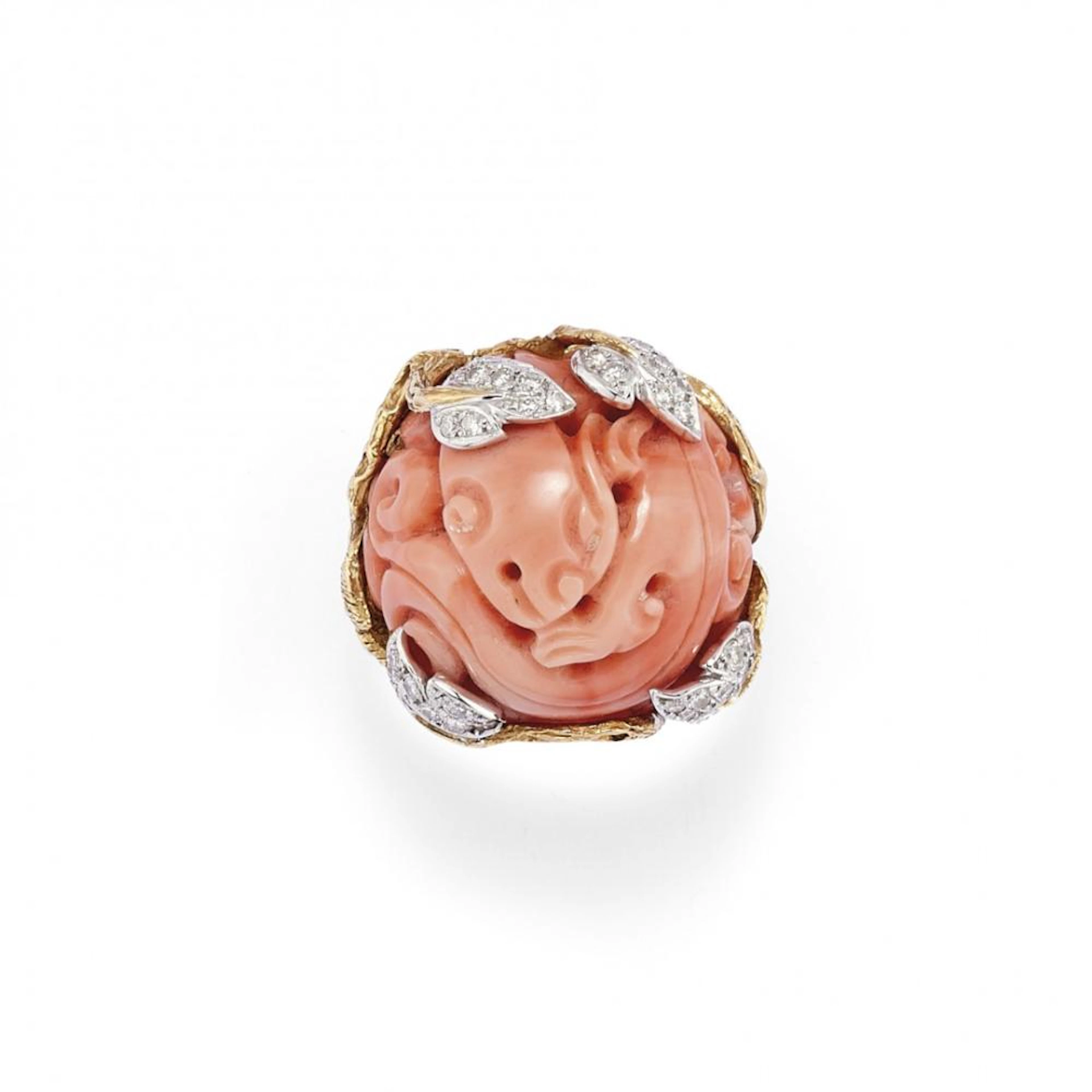 Anello In Corallo Rosa E Diamanti - Pink Coral And Diamond Ring