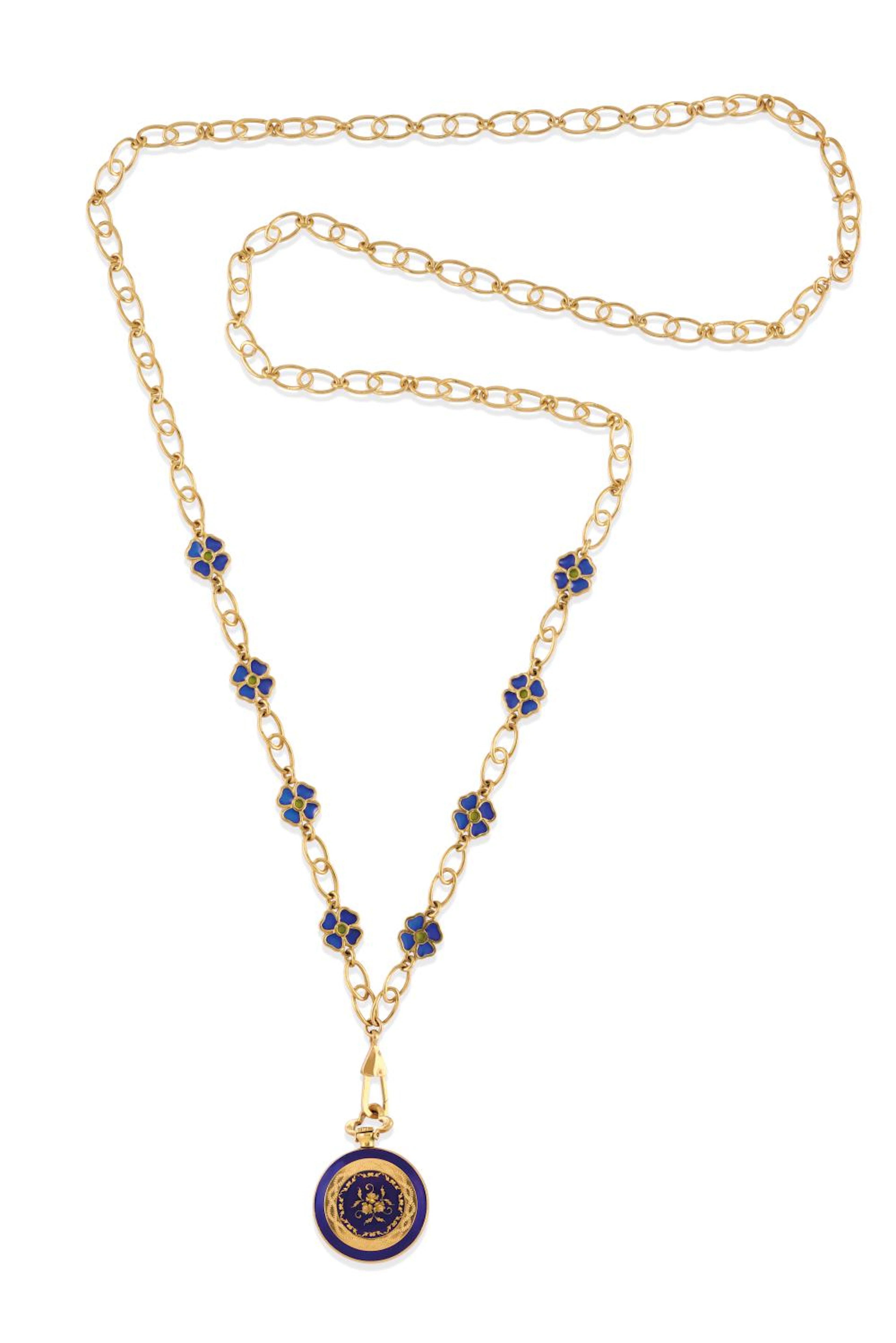 gold and enamel long necklace with pendant