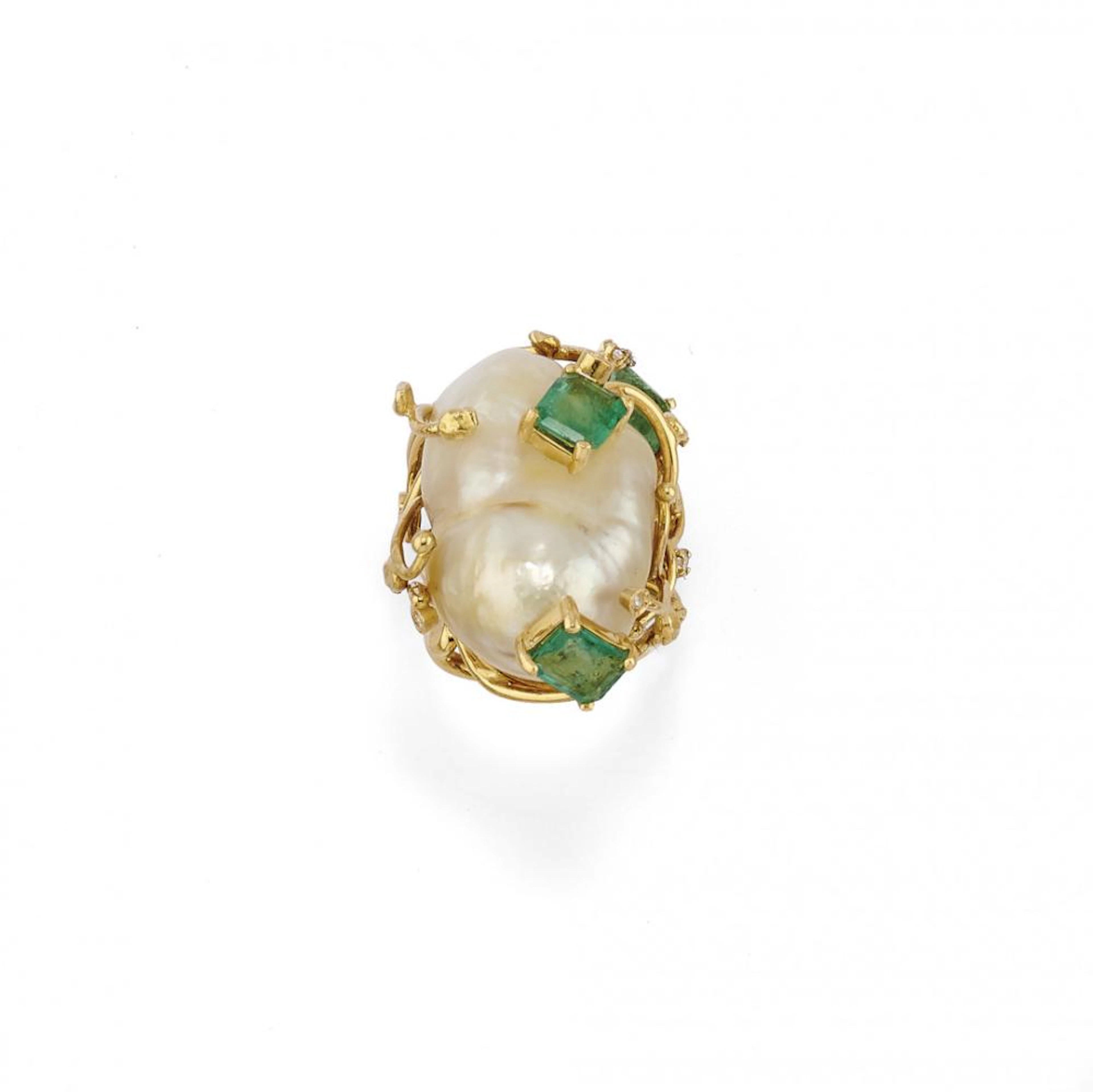pearl, emerald and diamond ring