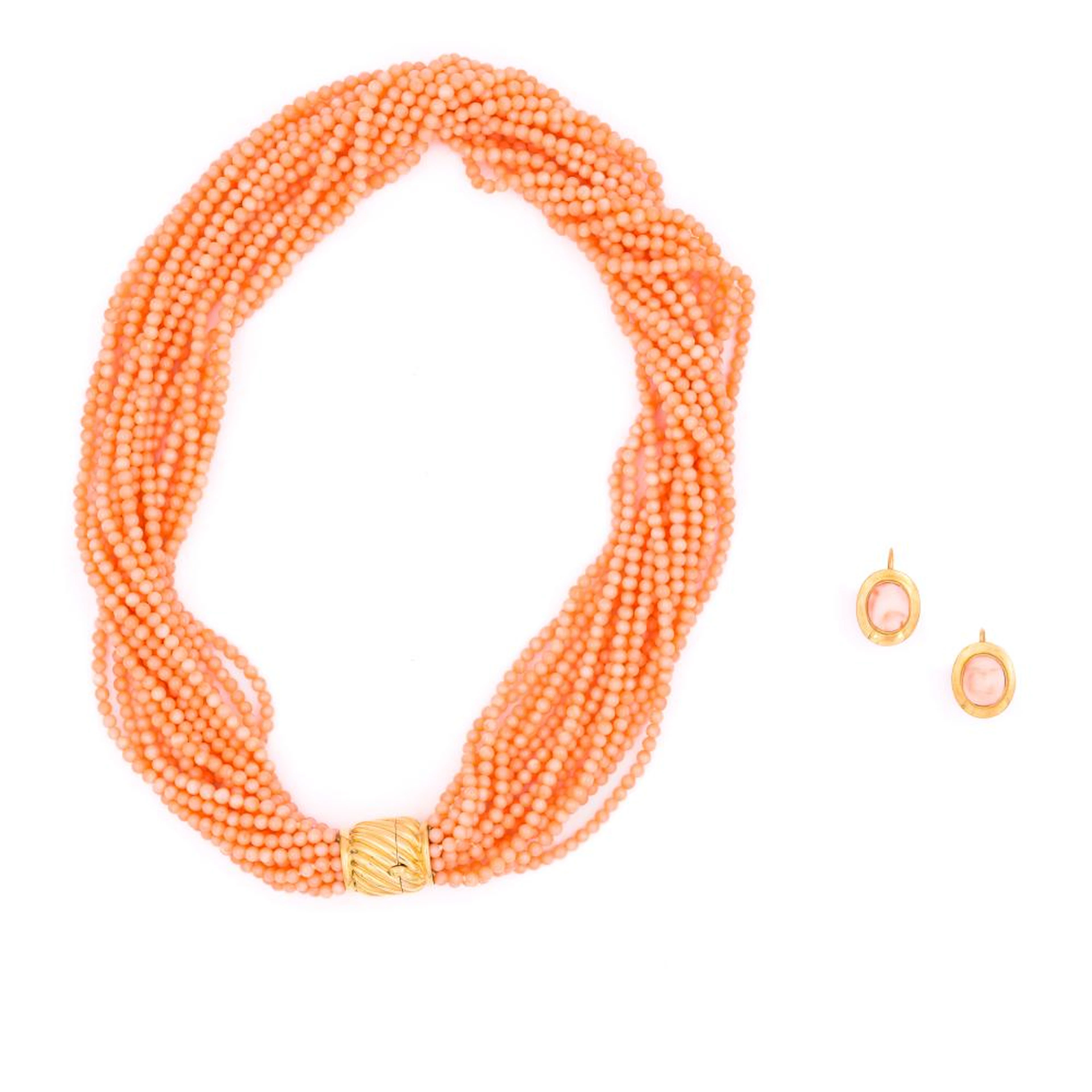 pink coral necklace and pair of earrings
