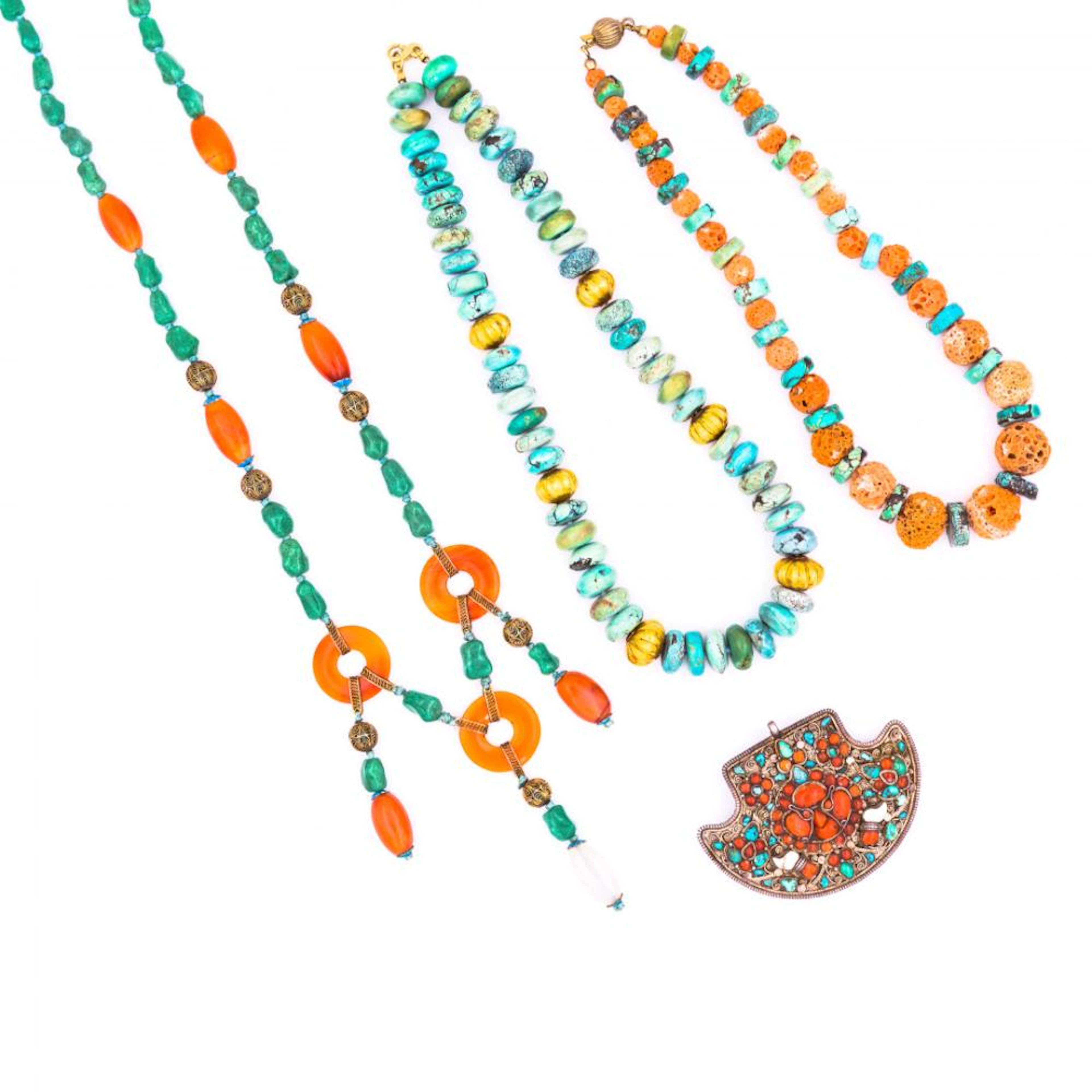 three gem-set necklaces and a buckle
