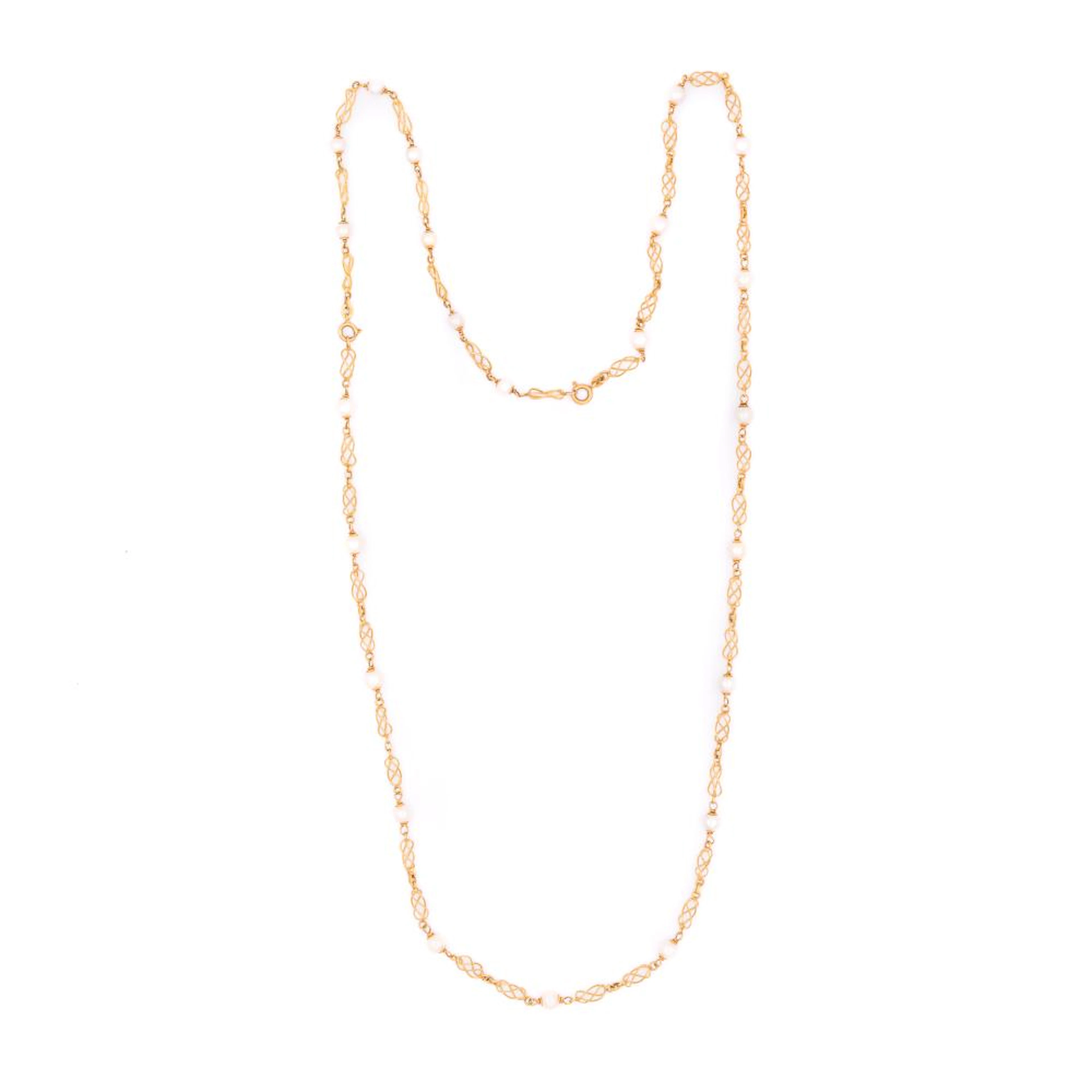 long yellow gold and cultured pearl necklace