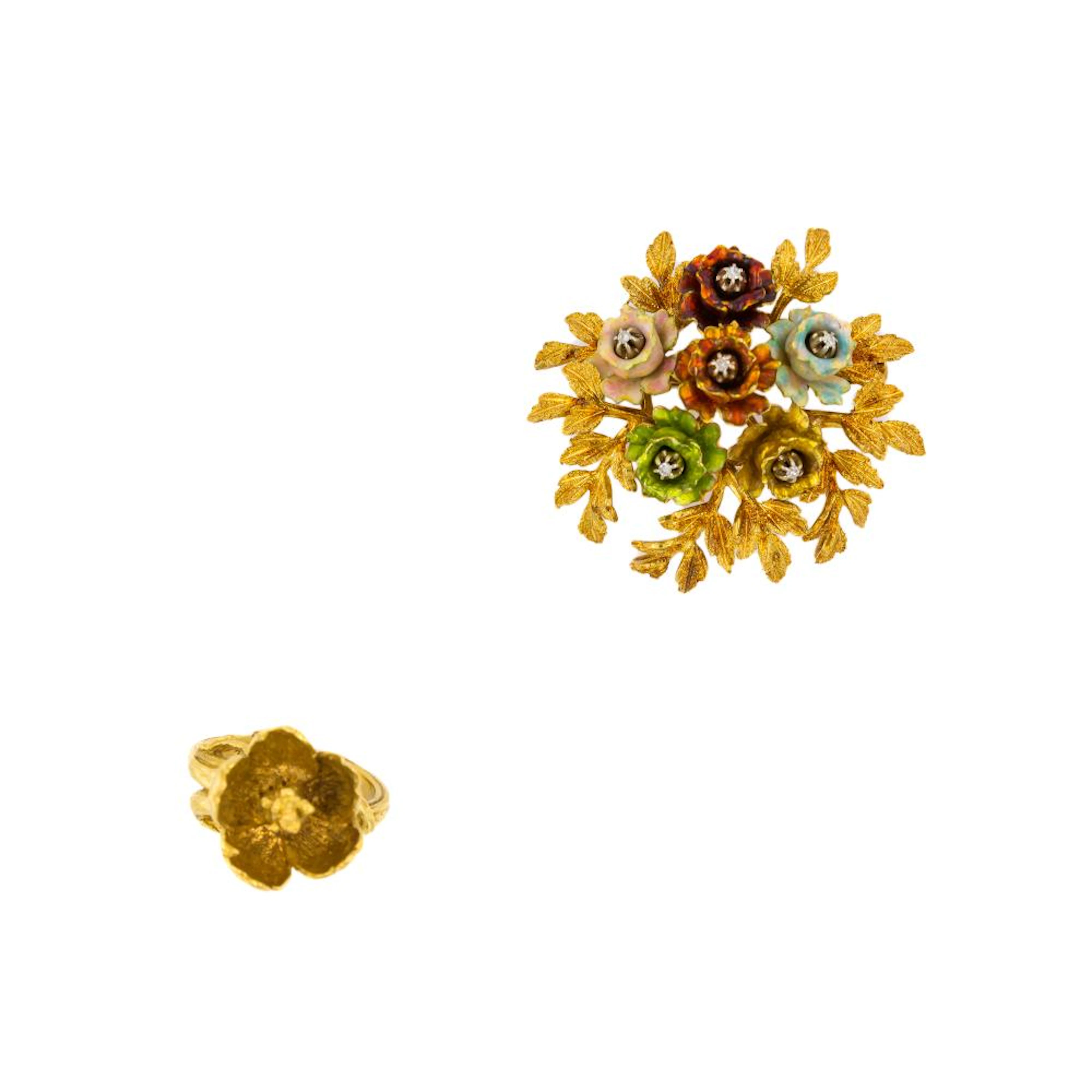 enamel and yellow gold ring and brooch