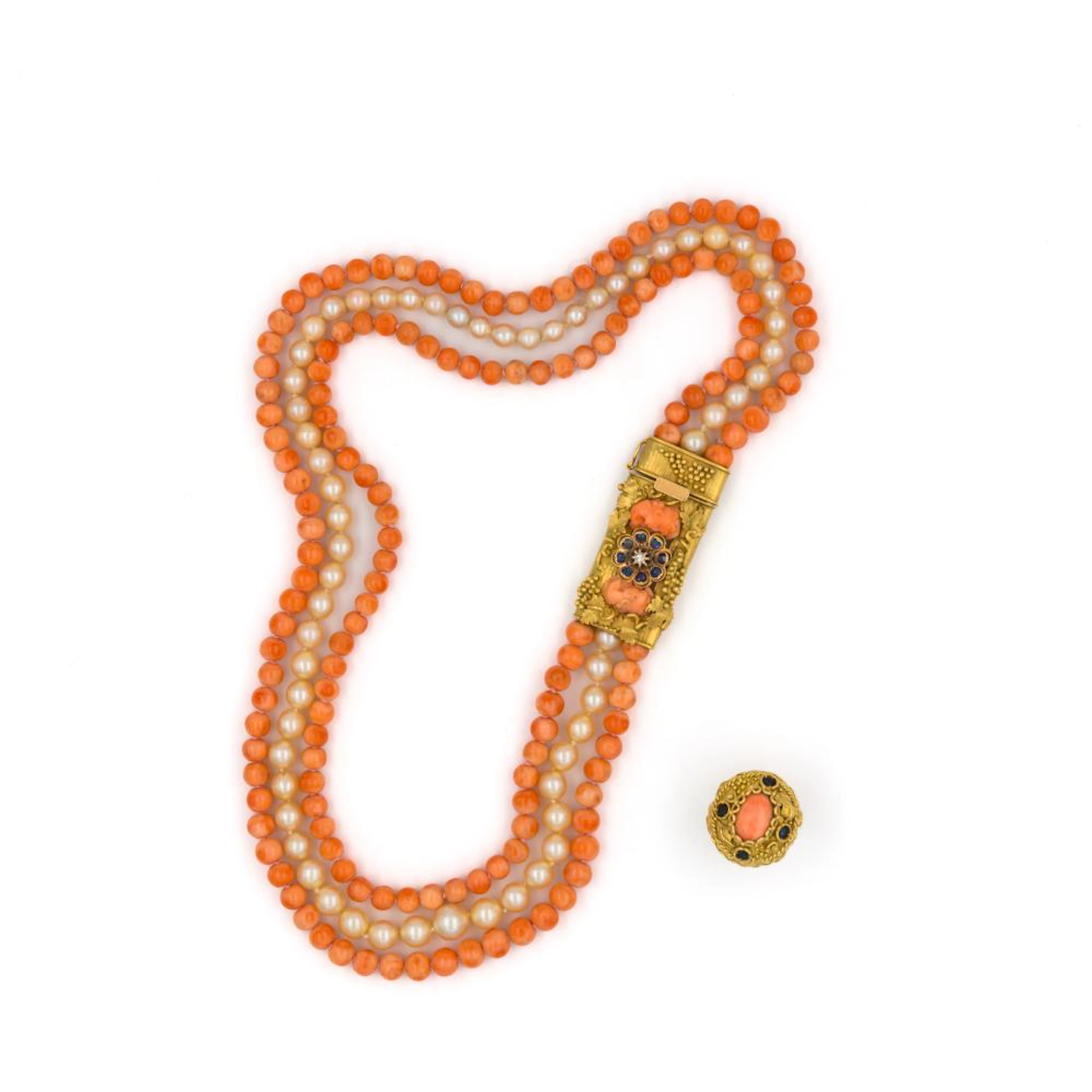gold, pink coral, cultured pearl and gem-set demi-parure