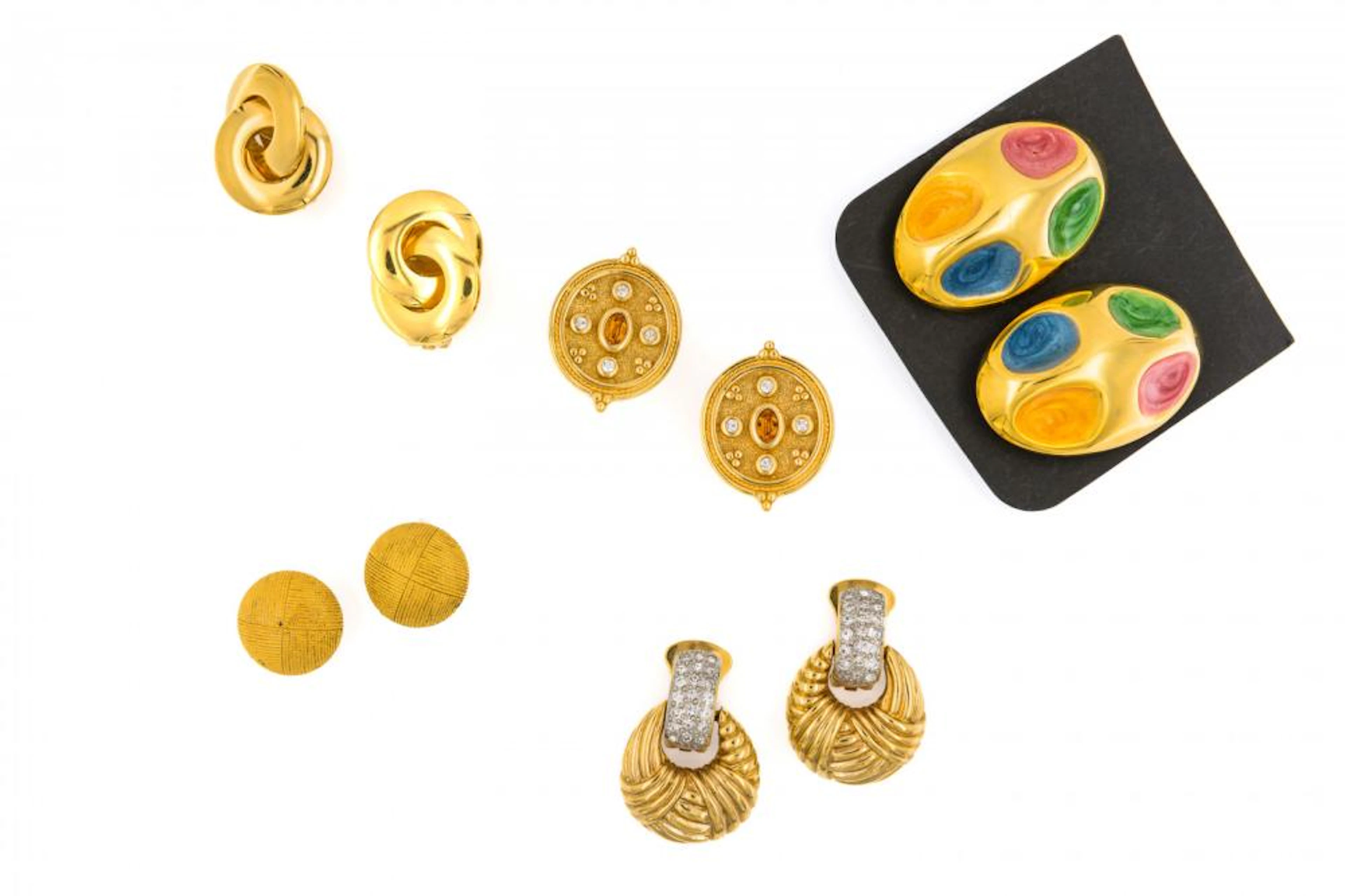 five pairs of enamel and gem-set ear clips