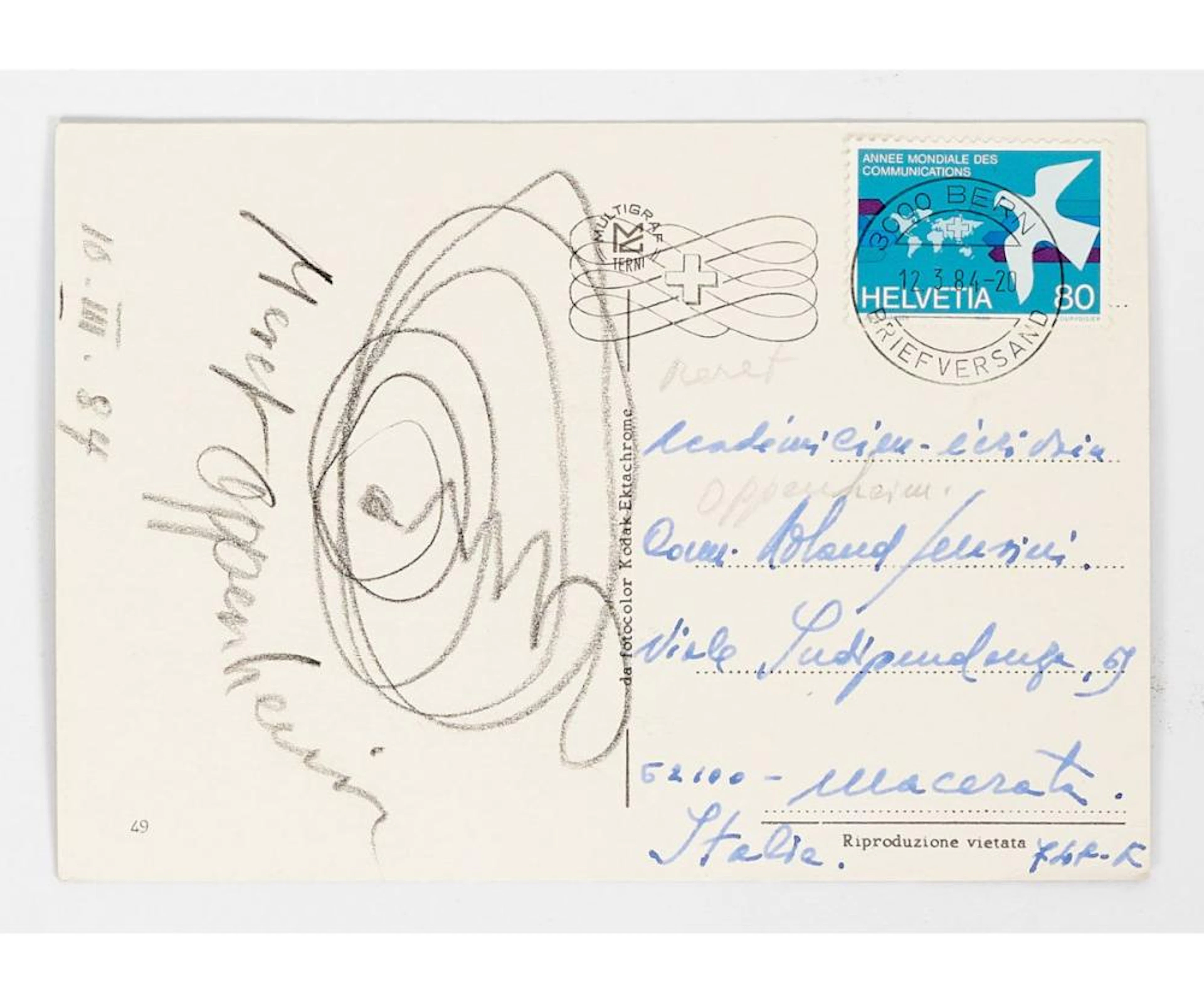 MERET OPPENHEIM 1913-1985 Lot of two postcards with autograph drawings 1984
