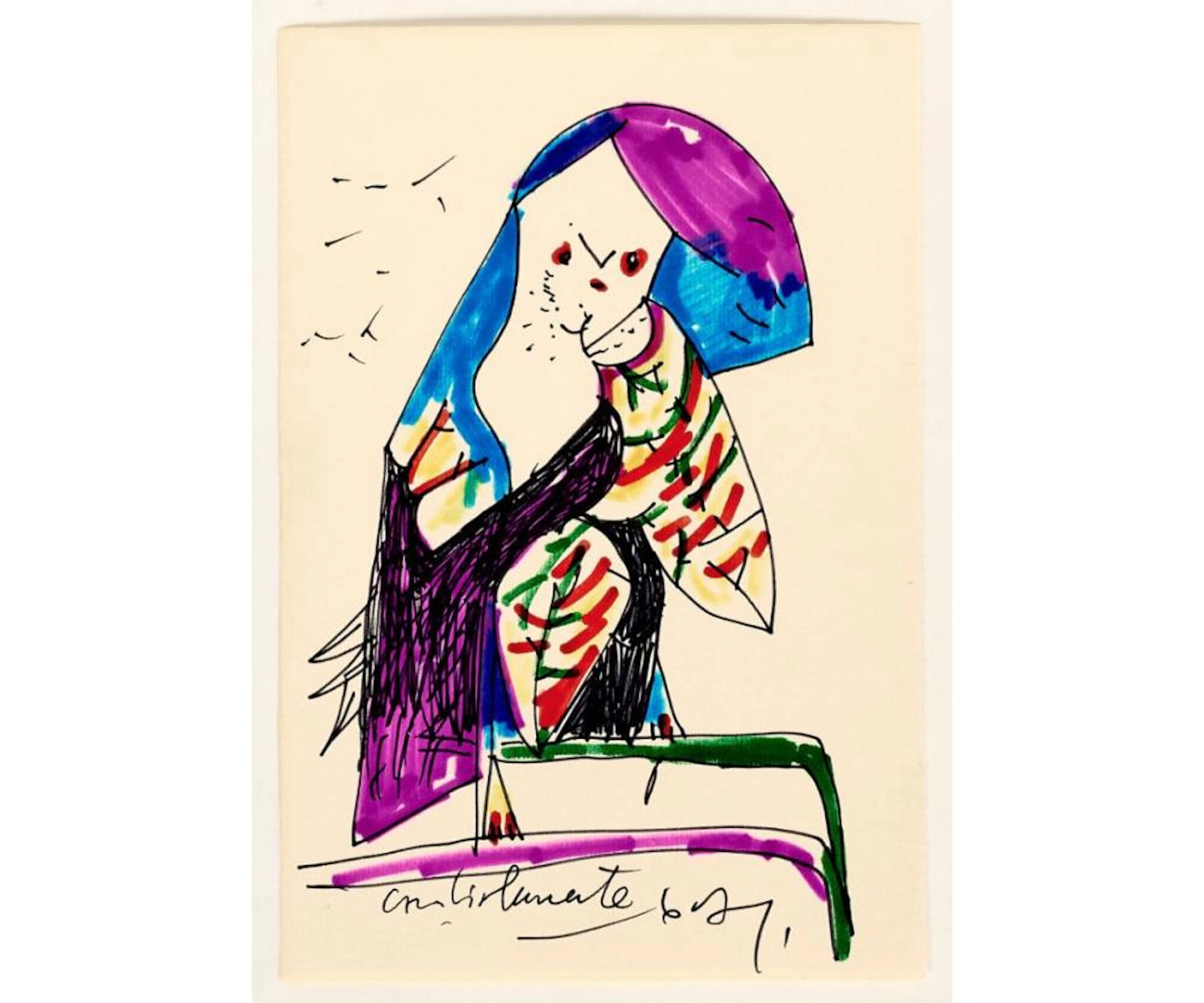 GIANNI DOVA 1925-1991 Lot of two postcards with autograph drawings 1987 -1988