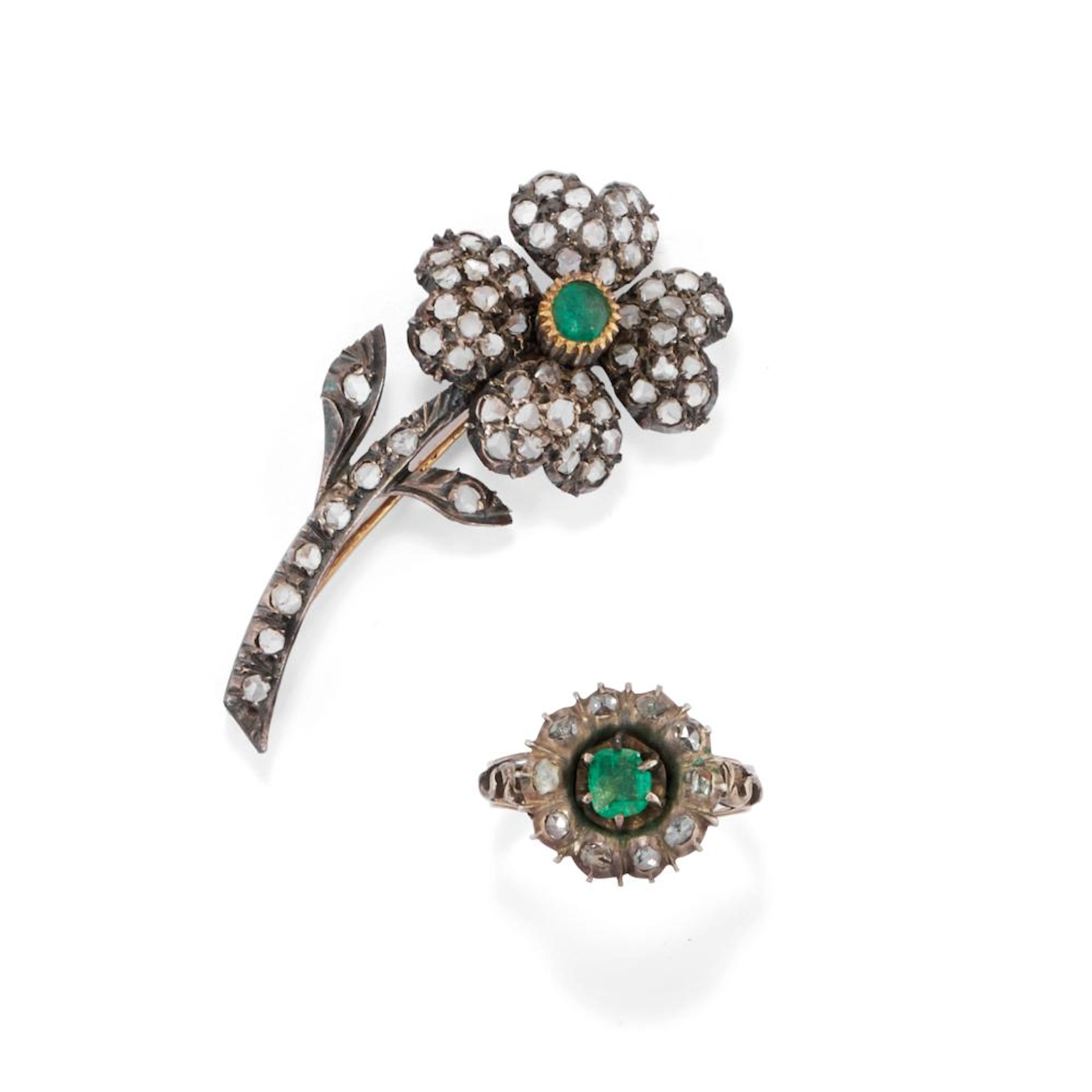 Gold, Silver and gem-set brooch and ring