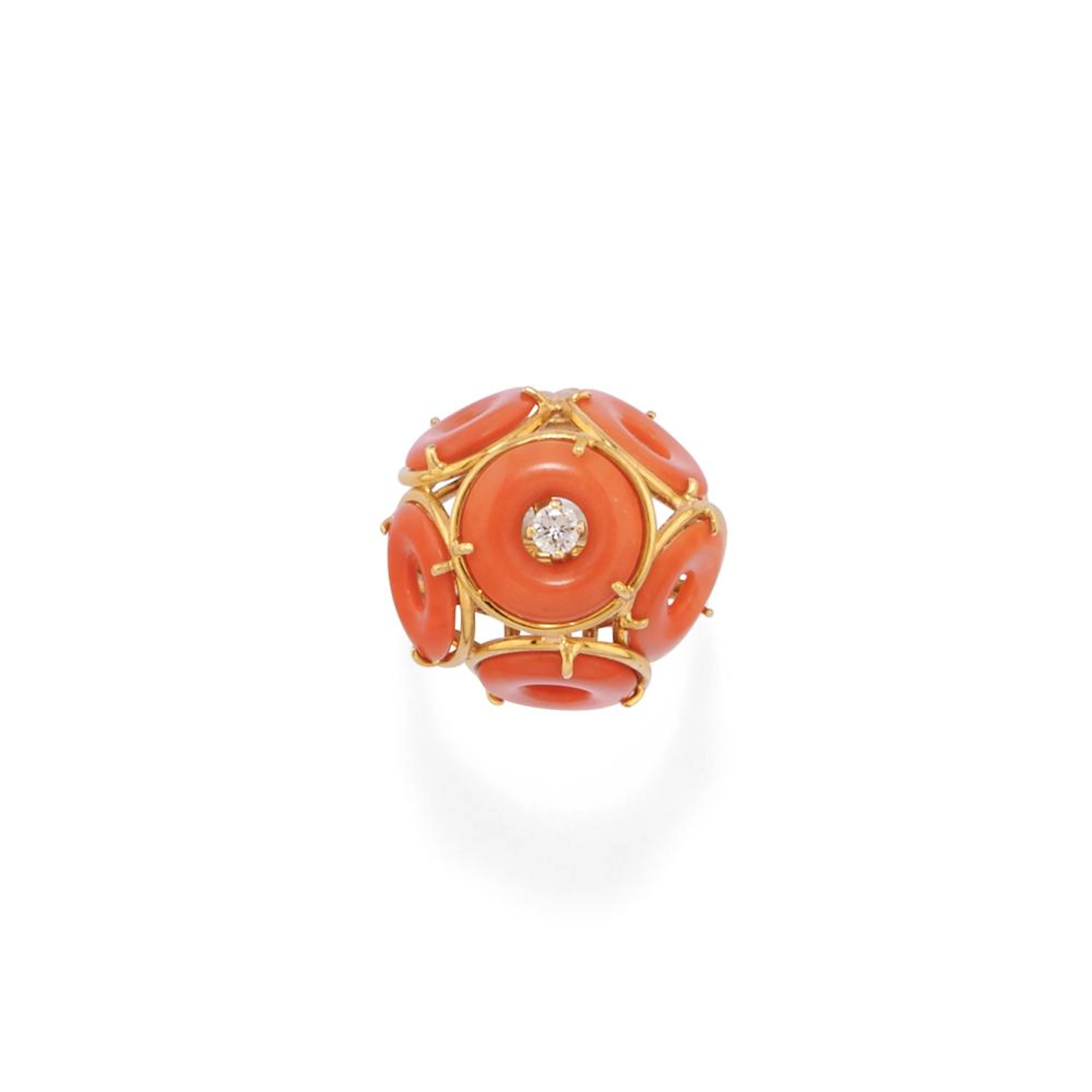 Red coral and diamond ring