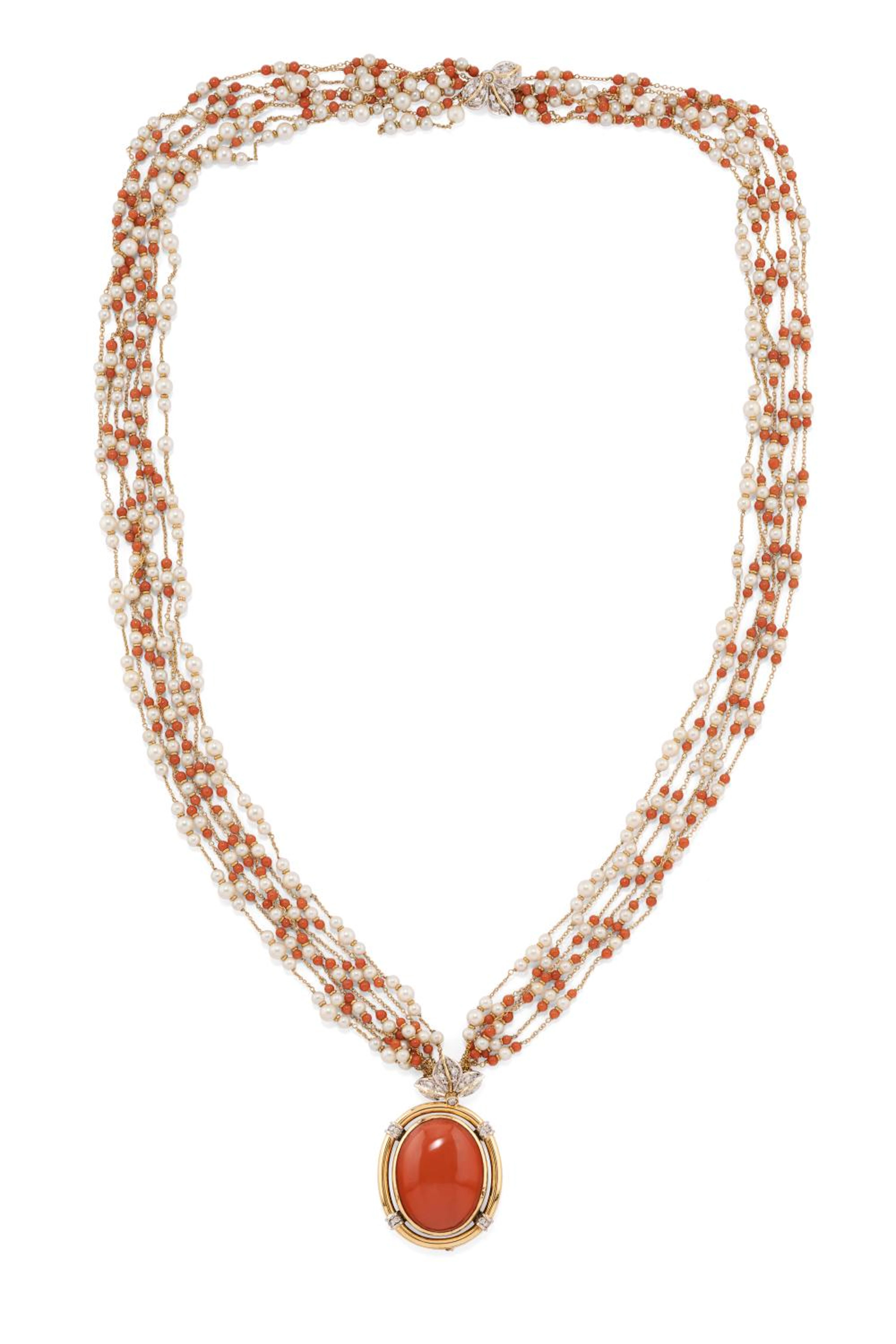 coral, pearl and diamond long necklace